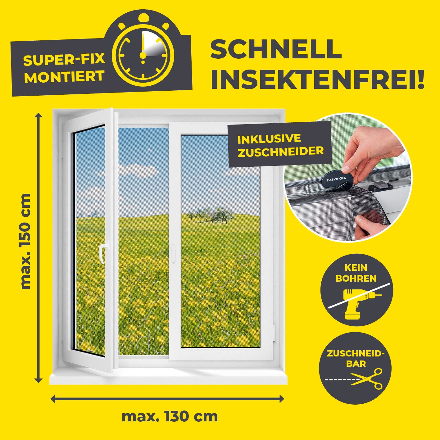 Insektenschutzgitter mit Klettbefestigung - 4er-Set, schnell montiert, zuschneidbar, kein Bohren, für Fenster bis 130x150 cm.