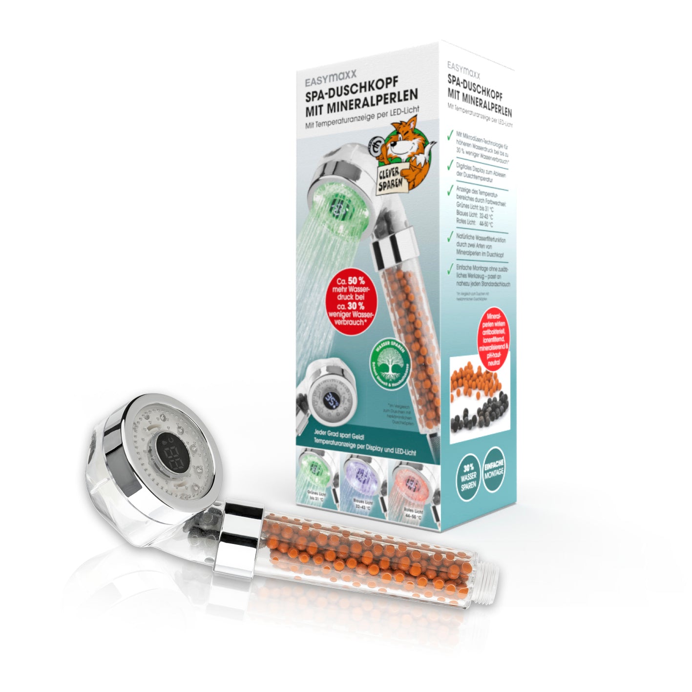 Duschkopf LED-Farbwechsel 6cm mit Mineralkugeln, Spa-Duschkopf mit Temperaturanzeige und Farbwechsellicht bis 50 °C.