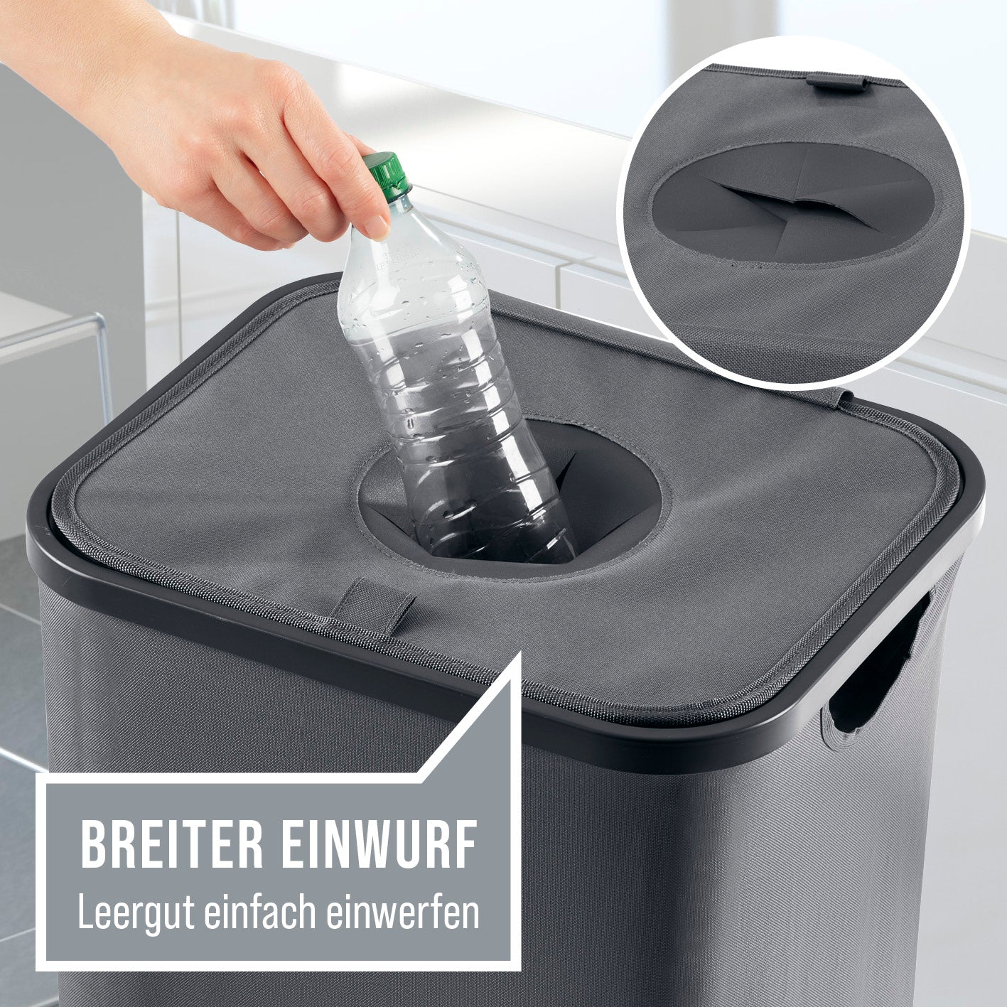 Pfandflaschen-Sammelbehälter - Anthrazit mit breiter Deckelöffnung zum einfachen Einwerfen von Flaschen, wasserabweisend und kompakt.