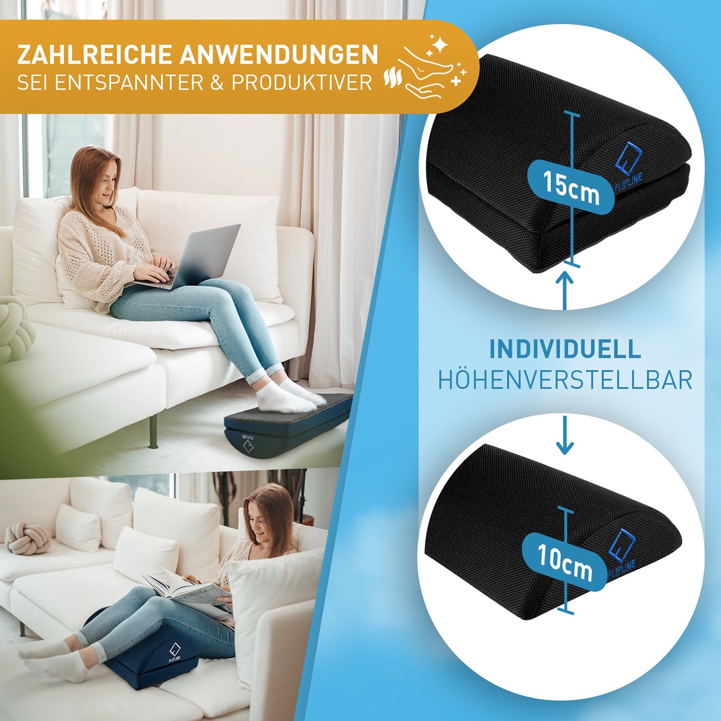 Schreibtisch-Fußstütze Mesh - Schwarz, höhenverstellbar 10-15 cm für mehr Komfort und Entspannung beim Sitzen zu Hause oder im Büro.