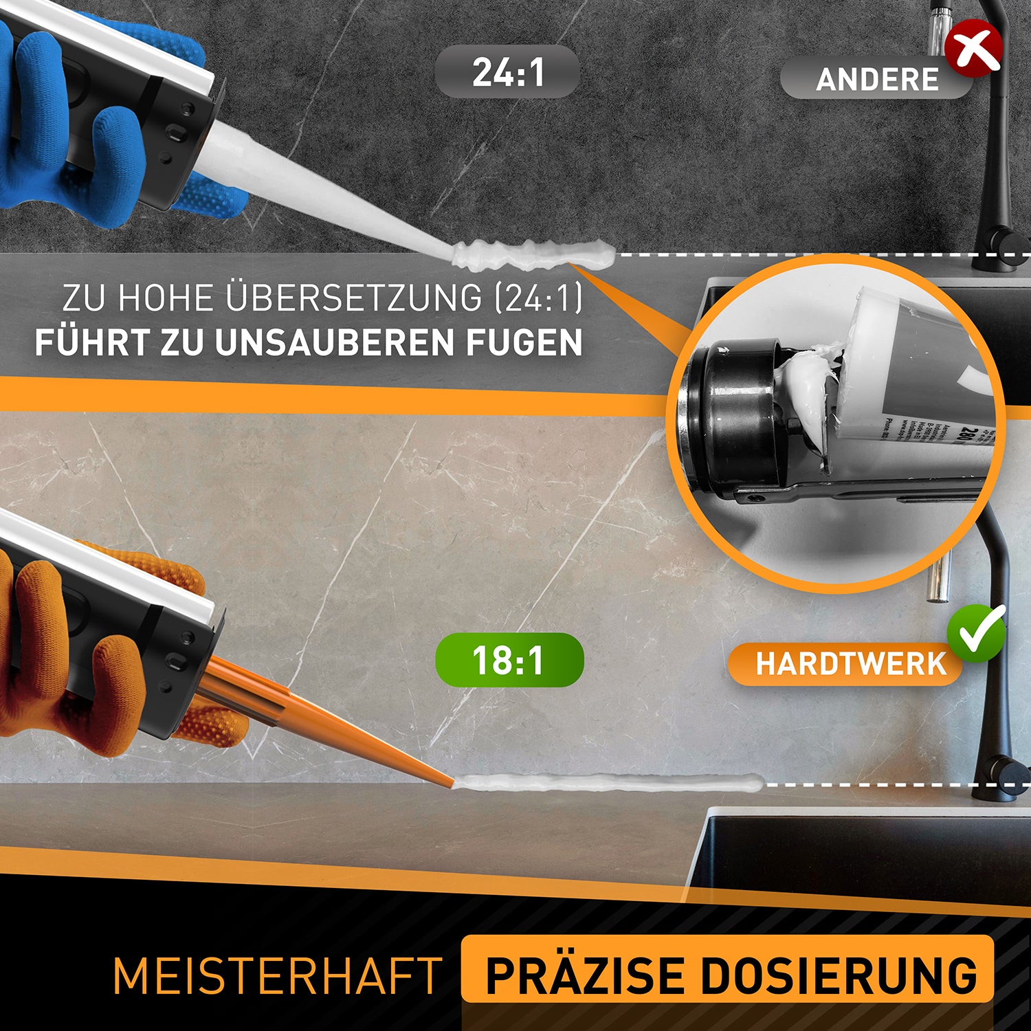 Profi Kartuschenpresse mit Kartuschen-Cutter zeigt präzise Dosierung dank optimaler 18:1 Übersetzung für saubere Fugen und einfaches Handling.