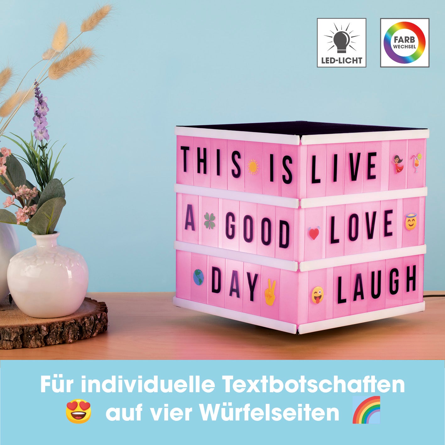LED-Leuchtkasten Würfel mit 173 Buchstaben & 150 Moodjis für individuelle Texte auf vier Seiten, LED-Farbwechsel, kabellos oder USB betrieben.