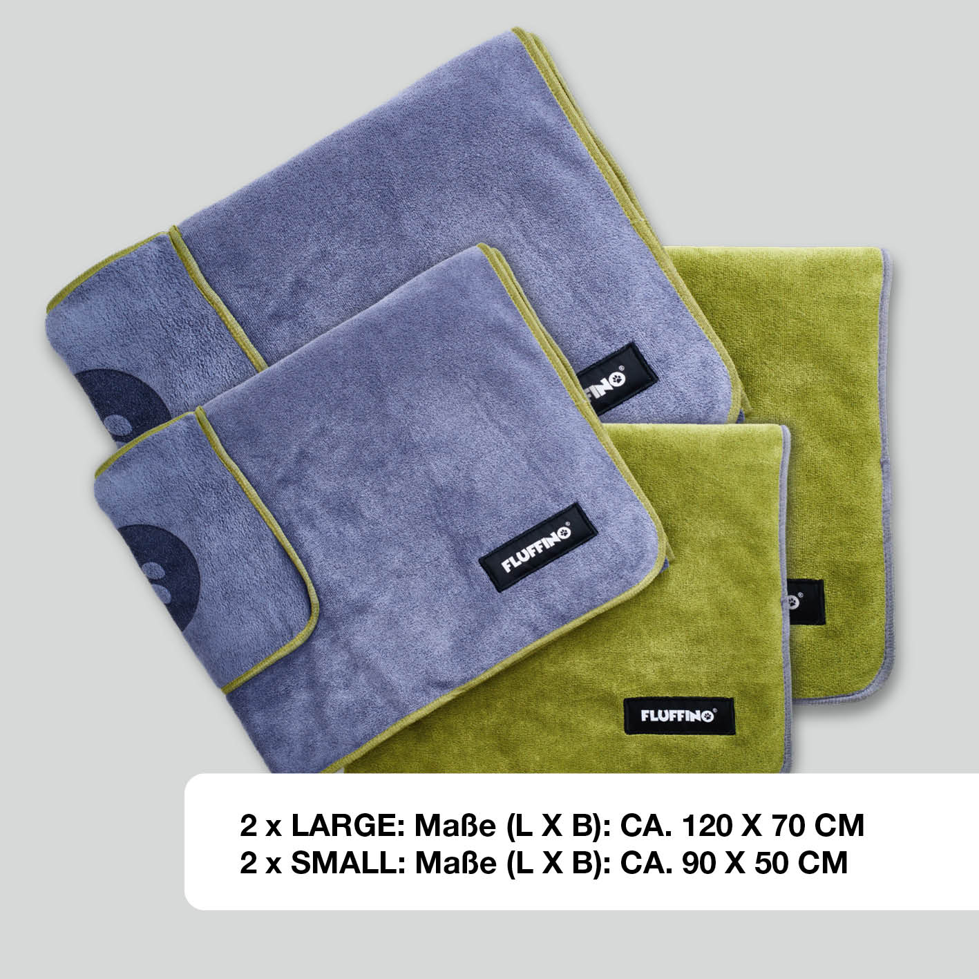 Hundehandtuch Mikrofaser – 4er-Pack - Grau & Grün, extra saugfähig, schnell trocknend, handlich mit FLUFFINO Markenlabel.