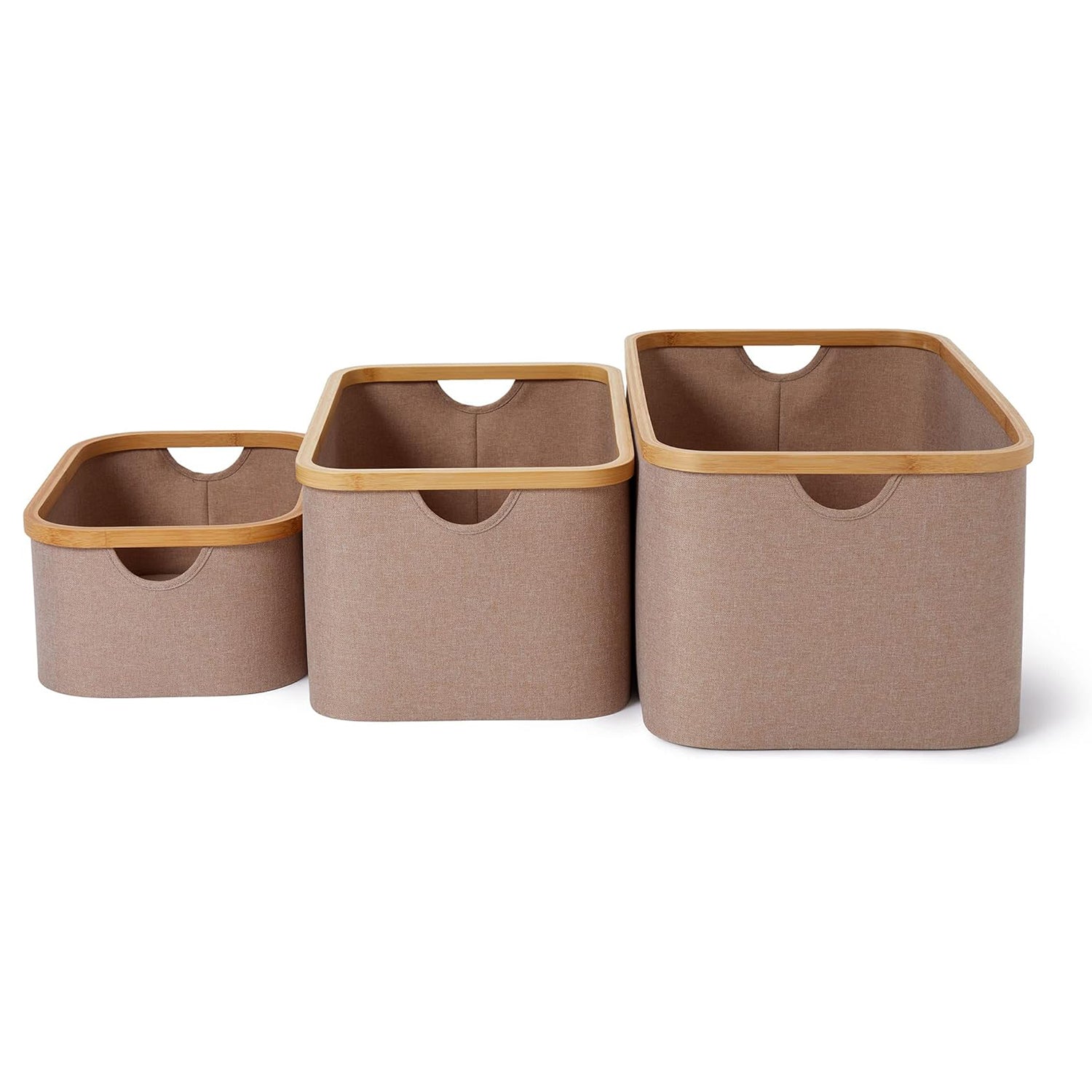 Aufbewahrungsboxen mit Bambus-Rahmen - 3er-Set - Taupe in verschiedenen Größen, stapelbar und platzsparend für Ordnung im Haushalt.