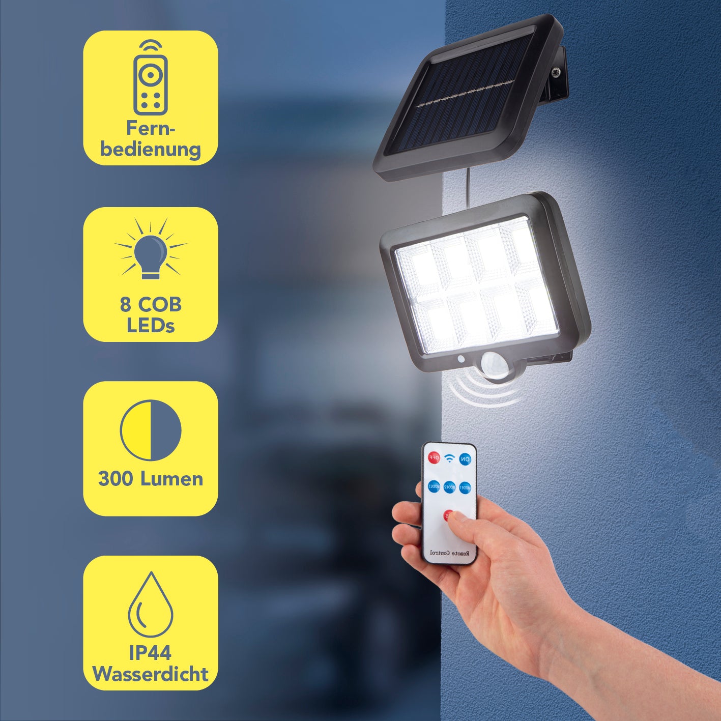 Solar-Strahler mit Bewegungsmelder an Wand montiert, 8 COB LEDs, 300 Lumen, kabelloses Solarpanel und Fernbedienung.