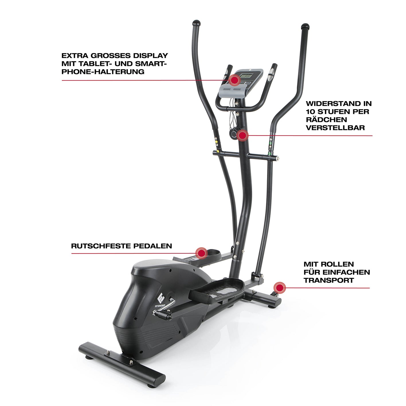 Crosstrainer - belastbar bis 150 kg mit 10 Schwierigkeitsstufen, rutschfesten Pedalen und großem Display für effektives Herz-Kreislauf-Training.