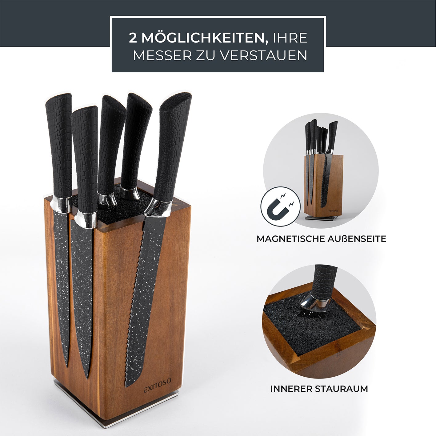 360°-Messerblock - Akazie - für max. 20 Messer mit magnetischer Außenseite und herausnehmbarem Borsteneinsatz zur sicheren Aufbewahrung.