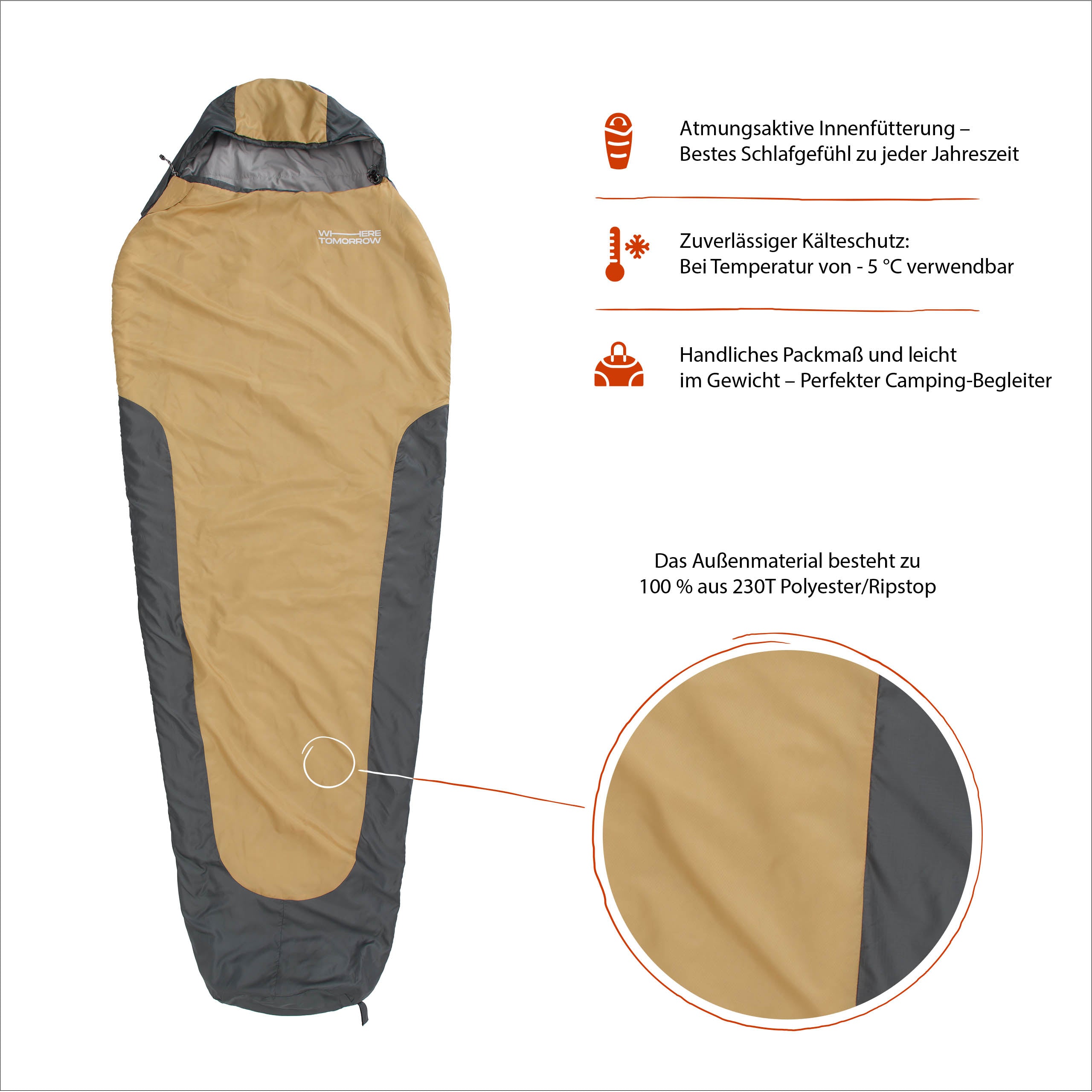 Camping Schlafsack Small & Light Mumienschlafsack mit Tasche, wasserabweisend, atmungsaktiv, leicht, für Camping bis -5 °C, 220 x 80 x 50 cm, Curry-Grau.