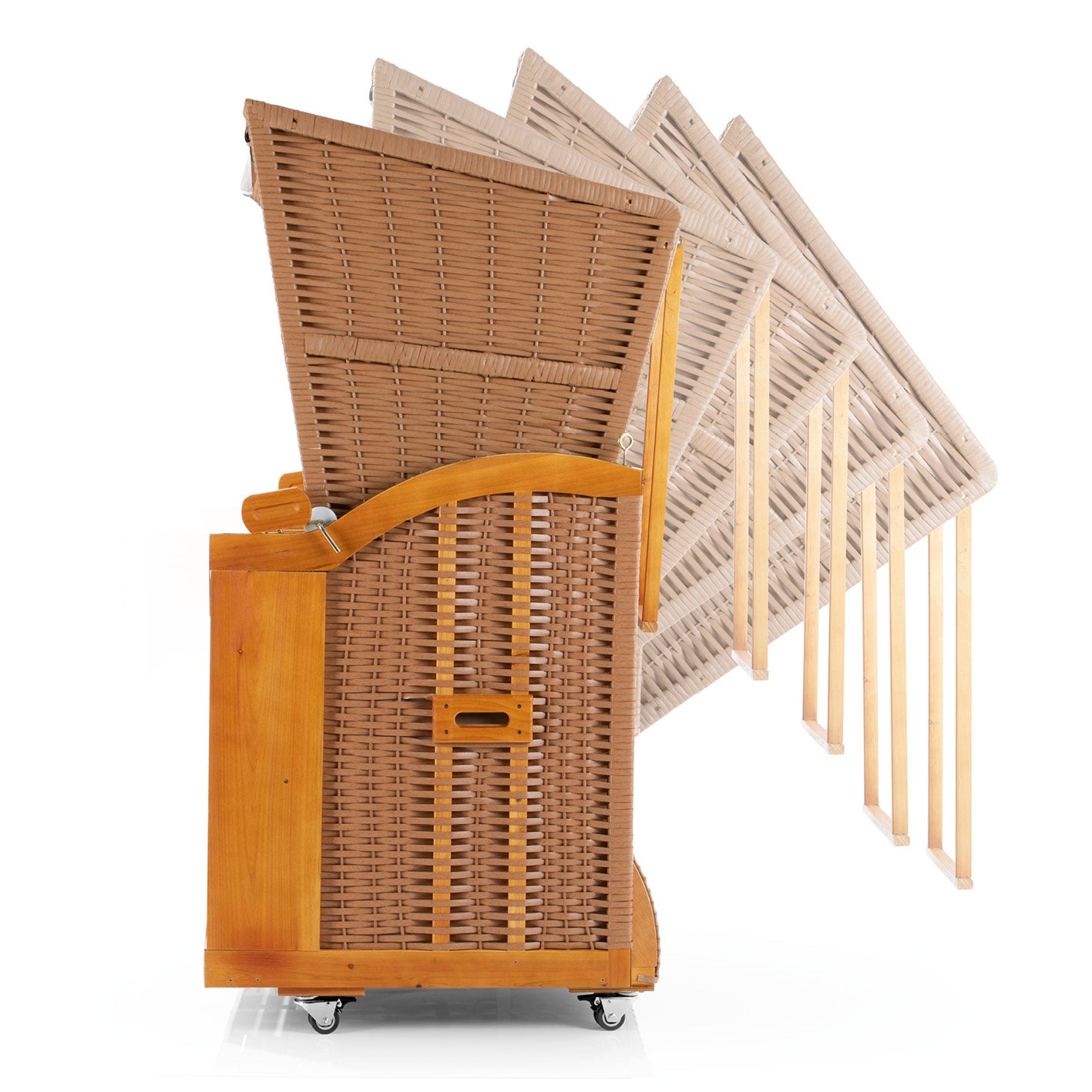 2-Sitzer-Strandkorb (Ostsee) mit Rollen aus Hartholz und PE-Geflecht, verstellbare Rückenlehne, mobil und robust.