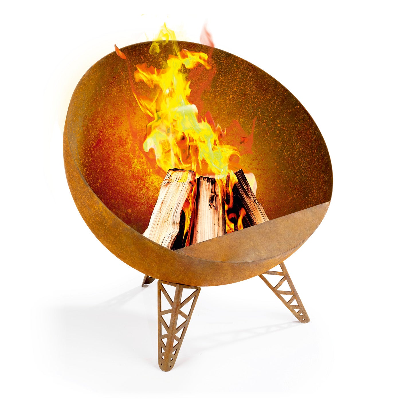 Feuerschale in Rost-Patina - Ø 58 cm, halbkugelförmig aus robustem Stahl mit drei stabilen Beinen und auffälligem Flammeneffekt.