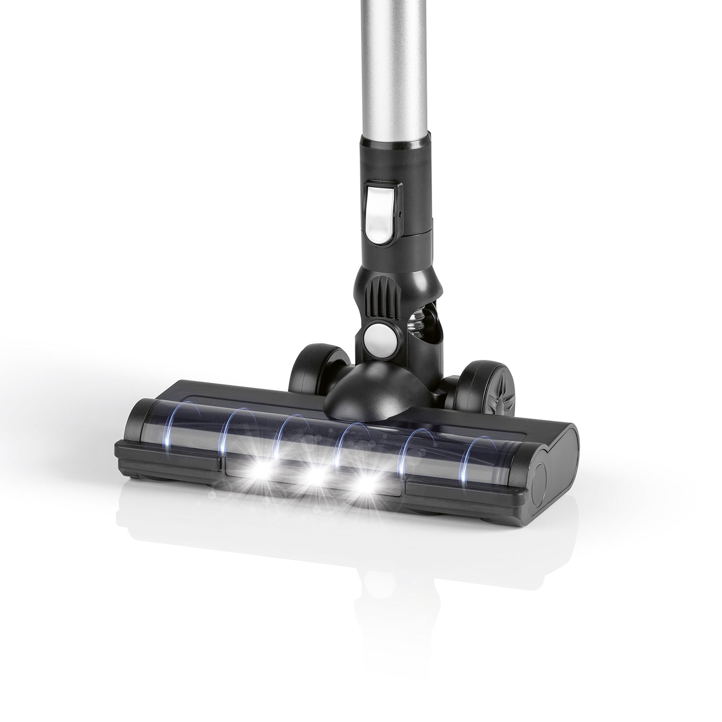 Akku-Zyklon-Staubsauger schwarz/silber mit Bodendüse, LED-Beleuchtung und elektrisch rotierenden Borsten für effiziente Reinigung.