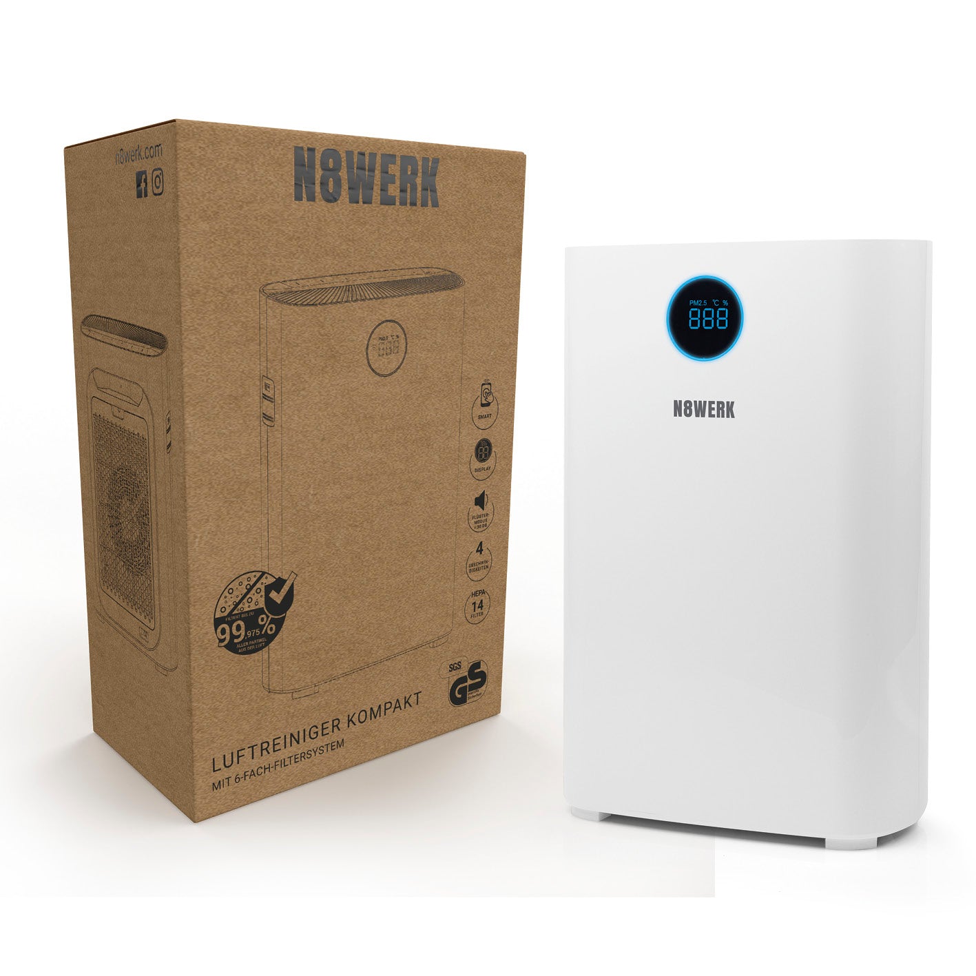 Luftreiniger L - HEPA H14 mit 6-fach-Filtersystem, Anzeige für Feinstaub, 6 Lüftermodi und Wifi-Steuerung für Allergiker optimal.