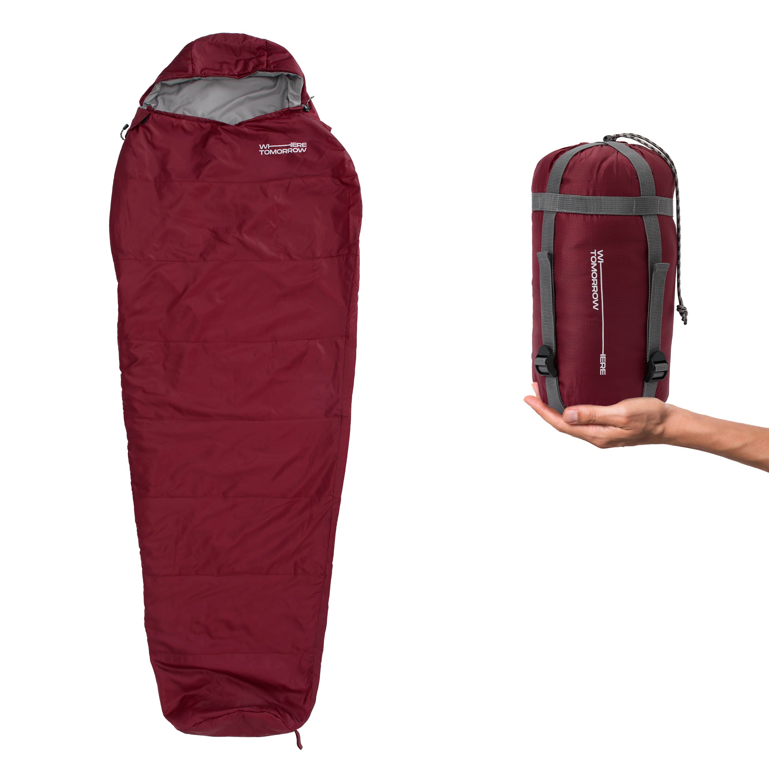 Camping Schlafsack Small & Light - Mumienschlafsack rot mit Packsack, wasserabweisend, leicht, kompakt, 220 x 80 x 50 cm.