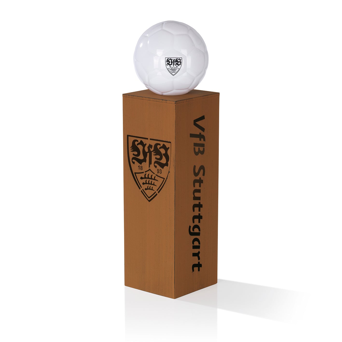 LED-Dekosäule Rost-Optik mit Leuchtkugel - 84 cm - braun, metallisch, mit VfB Stuttgart Logo und Fußball-LED-Leuchte.