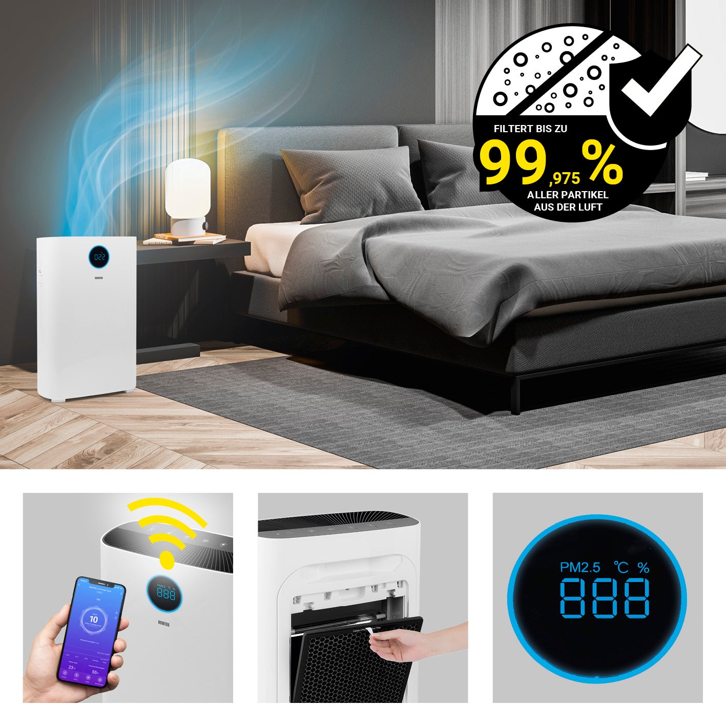 Luftreiniger S - HEPA H14 entfernt 99,975 % Schadstoffe, 6-fach Filter, Wifi-Steuerung, Anzeige PM2,5, ideal für Allergiker im Schlafzimmer.