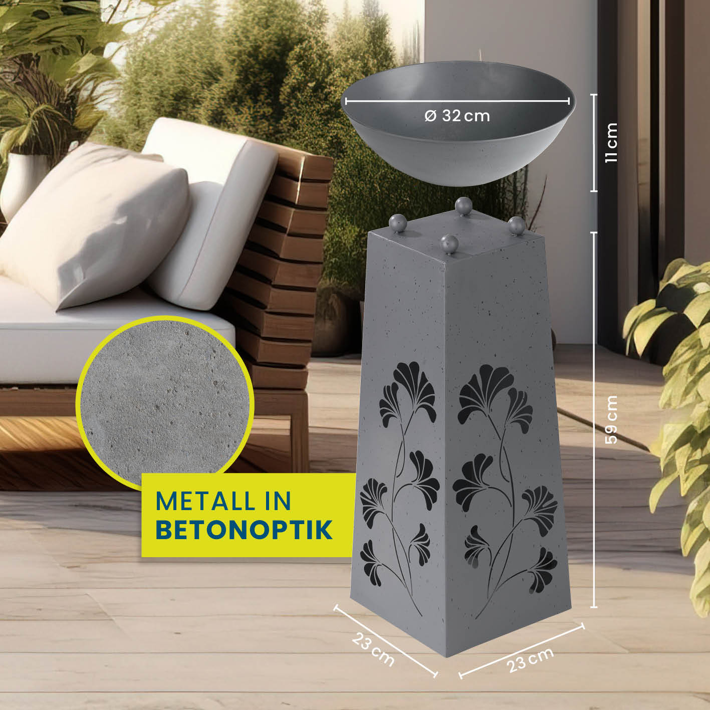 LED Pflanzsäule in Beton-Optik 23x23x70 cm mit Gingkoblätter-Design, LED-Beleuchtung und abnehmbarer Pflanzschale, wetterbeständig.