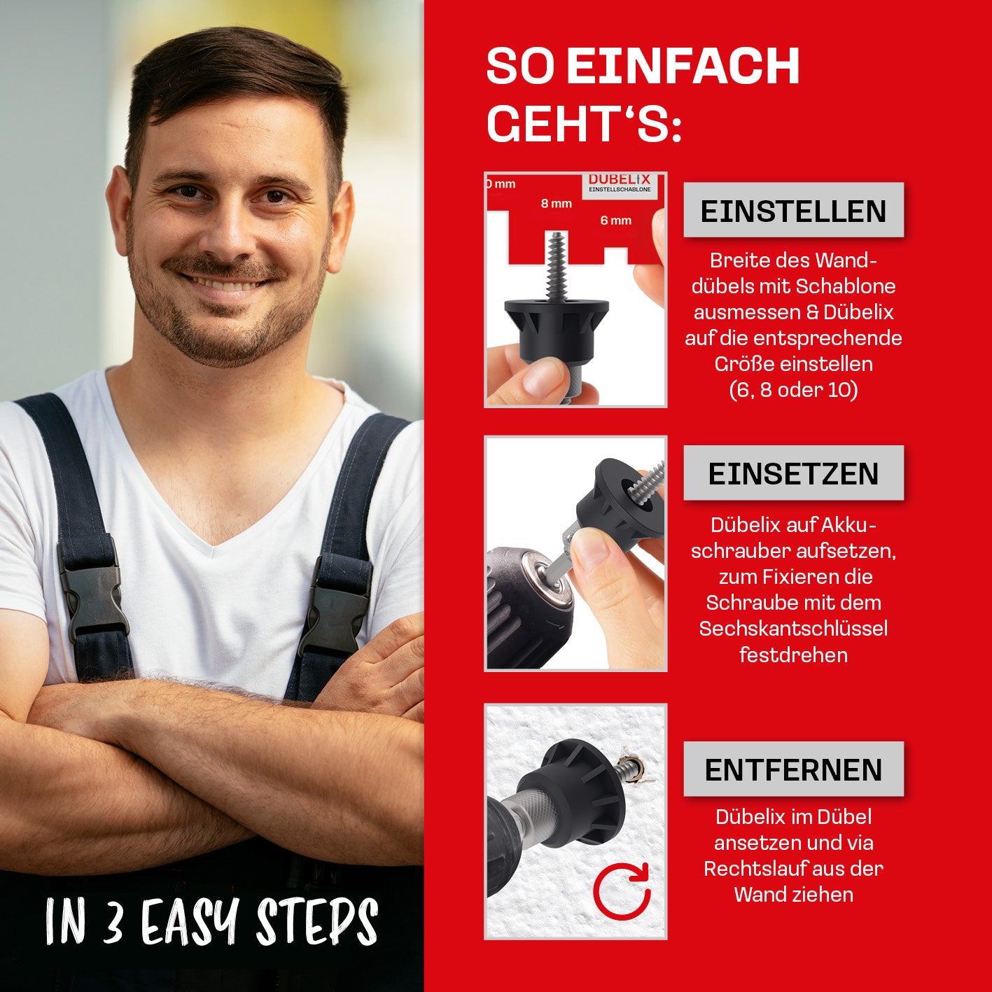 Dübelentferner inkl. Einstellschablone: einfache Anwendung in 3 Schritten zum rückstandslosen Entfernen von Wanddübeln ohne Schäden.