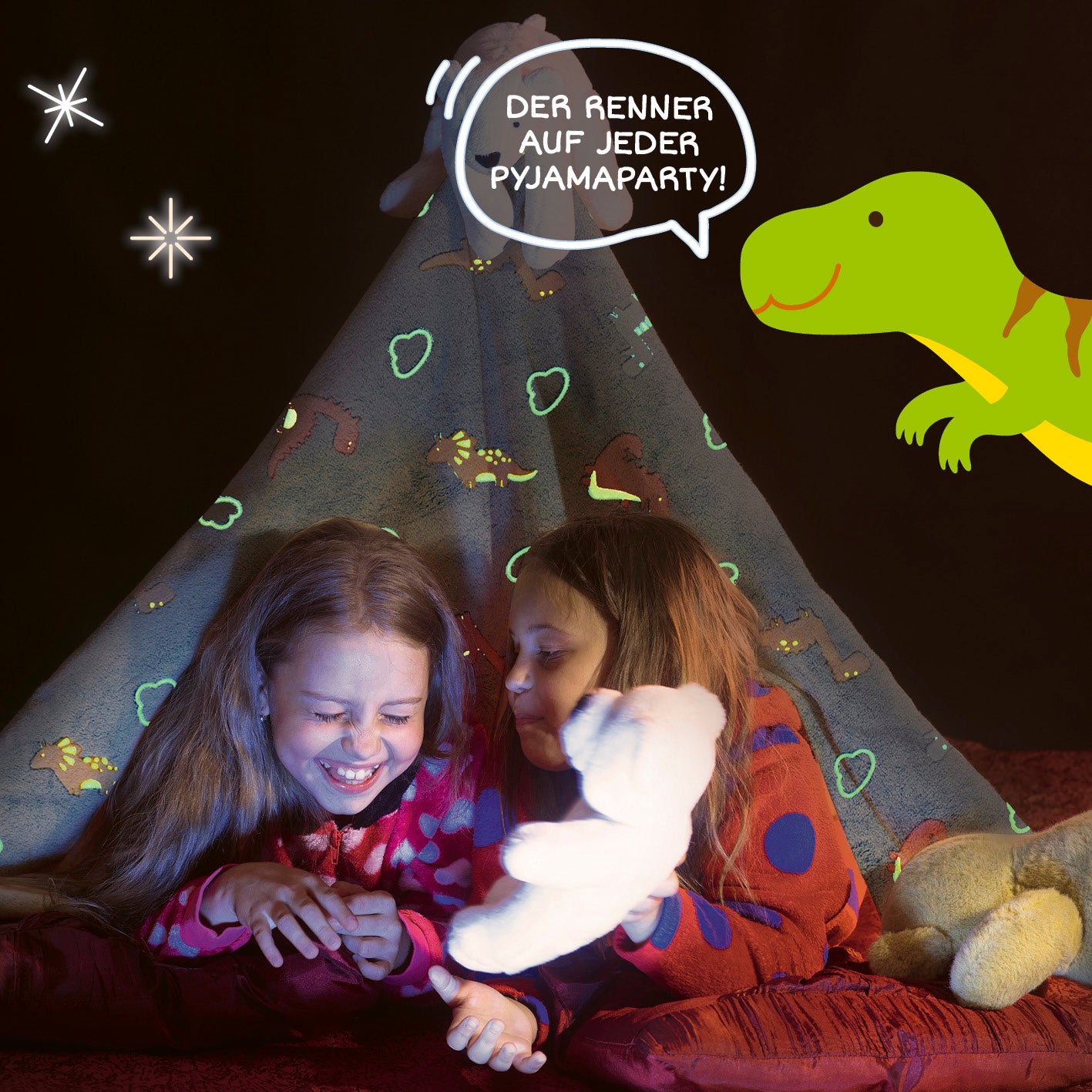 Verwandlungskissen Glow in the dark - Kuschelkissen & Kuscheldecke - Dino mit leuchtenden Dinosauriern und weichem Flanell-Fleece