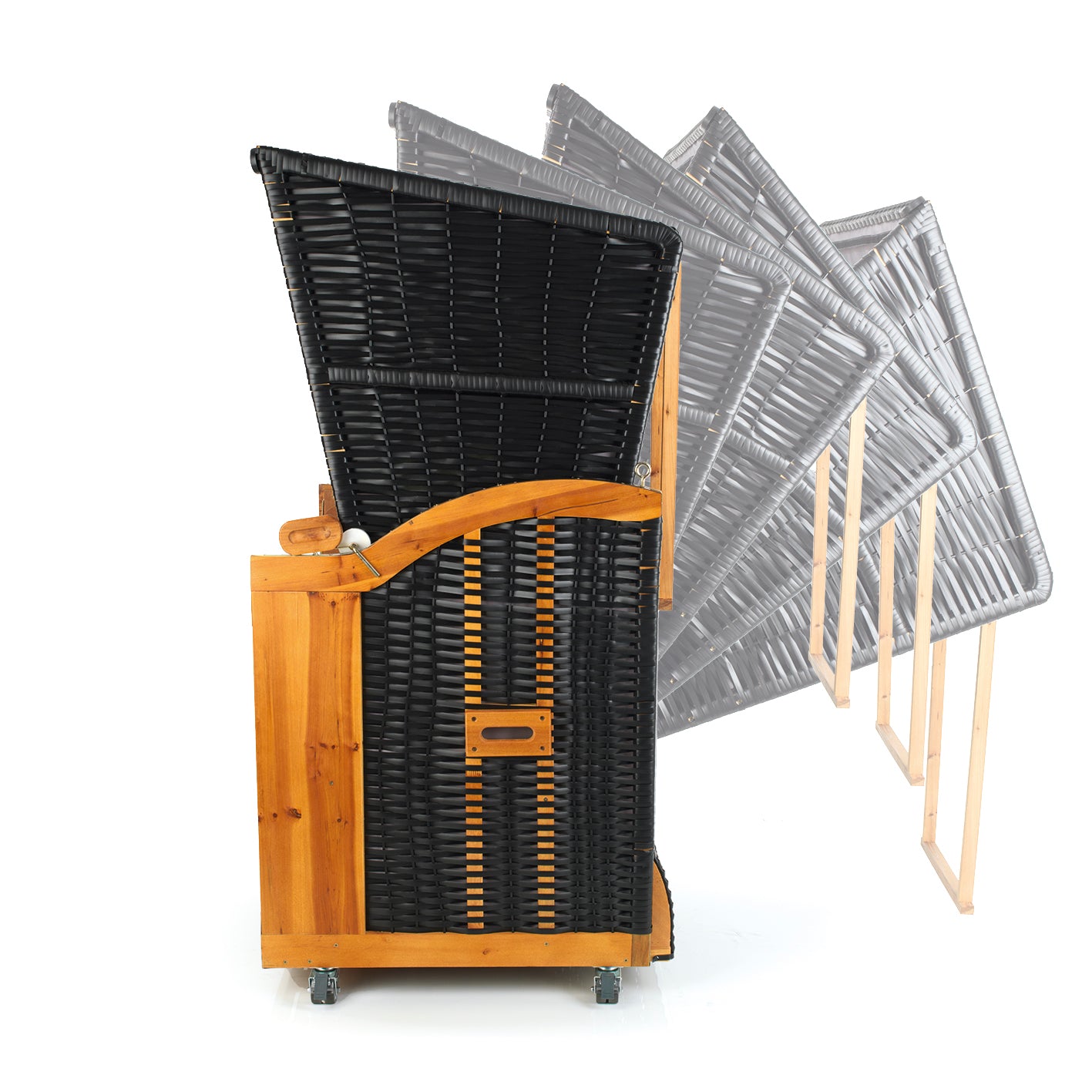 2-Sitzer-Strandkorb (Ostsee) grau/braun mit verstellbarem Rücken, PE-Geflecht und robustem Hartholzrahmen, mobil dank integrierten Rollen.