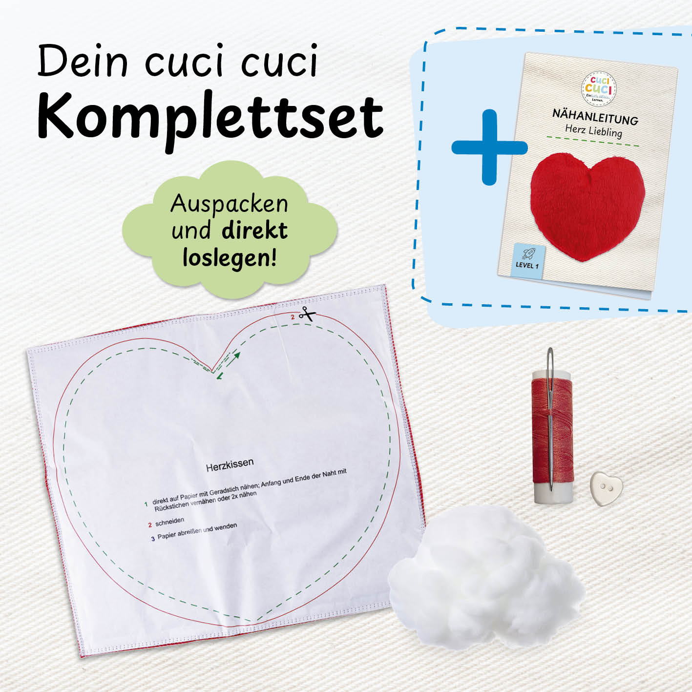 Näh-Baukastenset Motiv Herz Liebling mit Anleitung, Nähvlies, Garn und Füllmaterial für einfache Kinder-Nähprojekte.