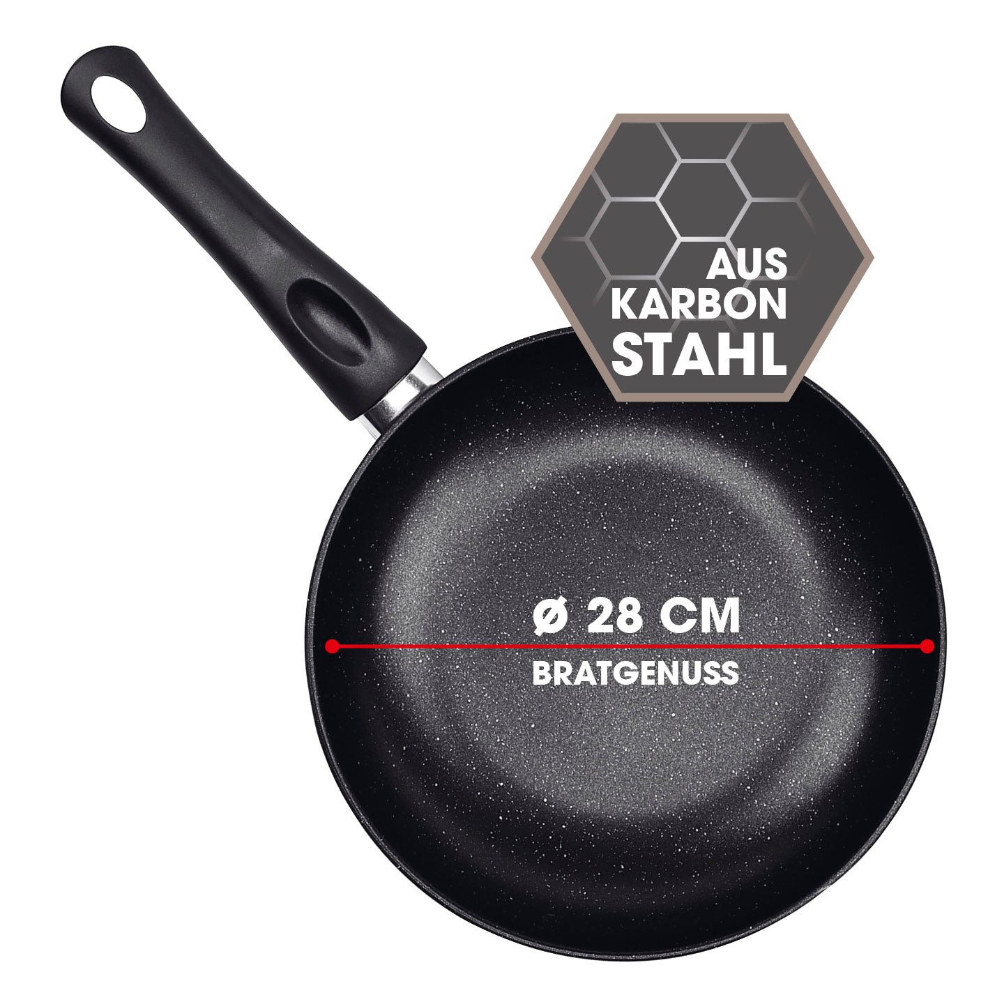 Karbonstahl-Bratpfanne Ø 28 cm mit 2-fach Antihaftbeschichtung, geeignet für alle Herdarten, stabile Hitzeverteilung, modernes Granit-Design.