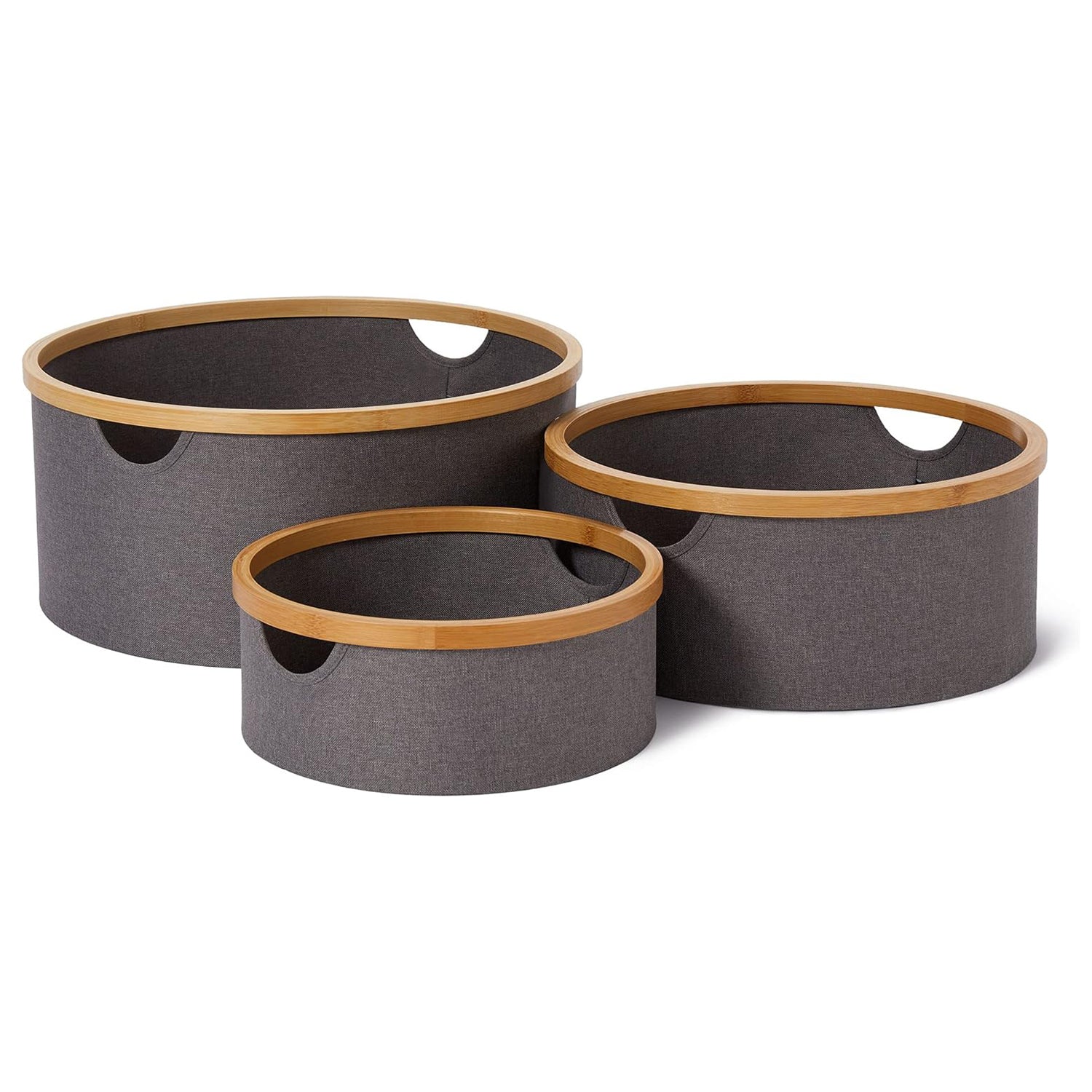 Bambus-Rahmen Aufbewahrungsbox rund - 3er-Set - Grau, stapelbare Aufbewahrungsboxen mit stabilem Bambusrahmen in drei Größen.