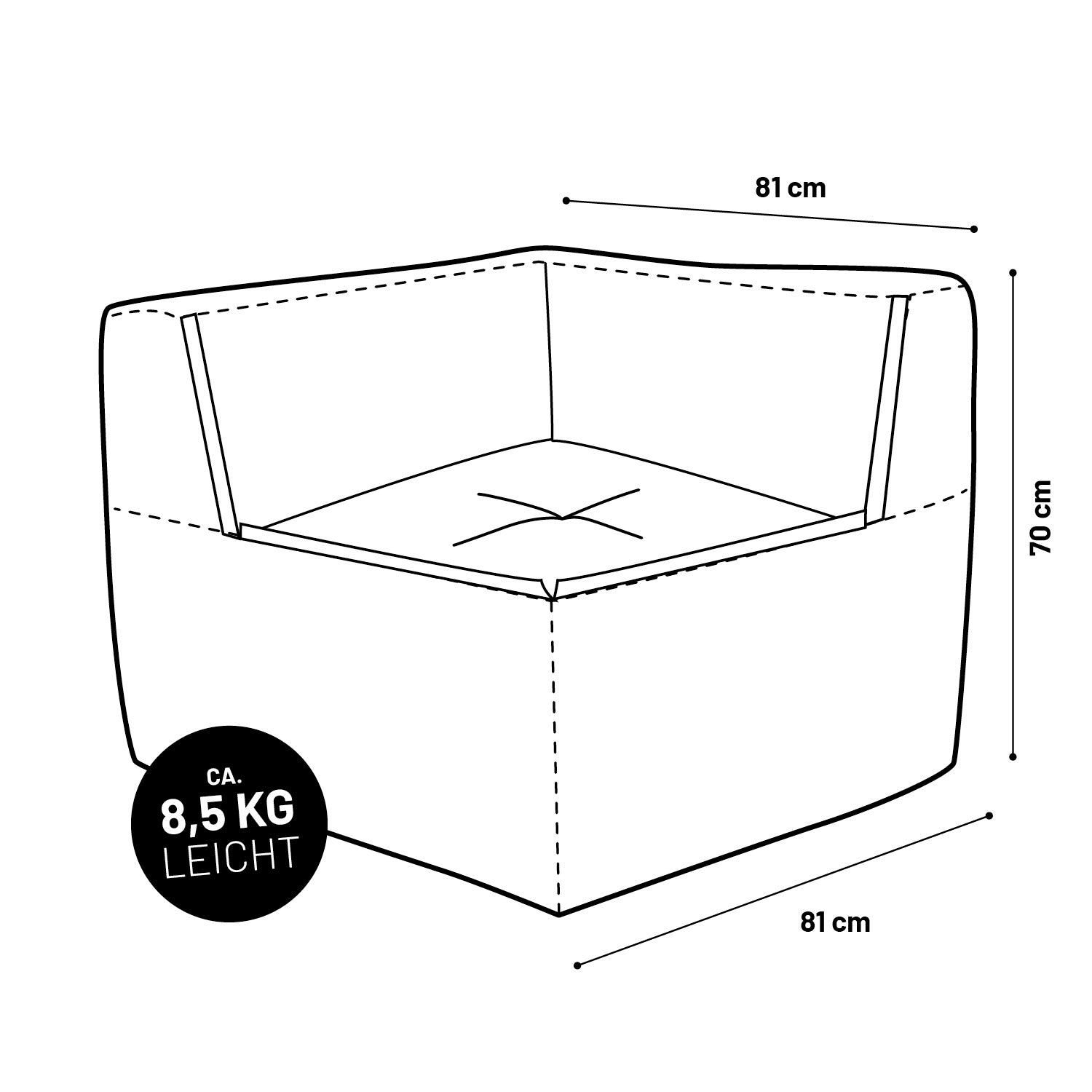 Sitzsack-Sofa Ecke (340 L) in Türkis, modular, leicht 8,5 kg, 81x81x70 cm, indoor & outdoor, mit robustem, pflegeleichtem Bezug.