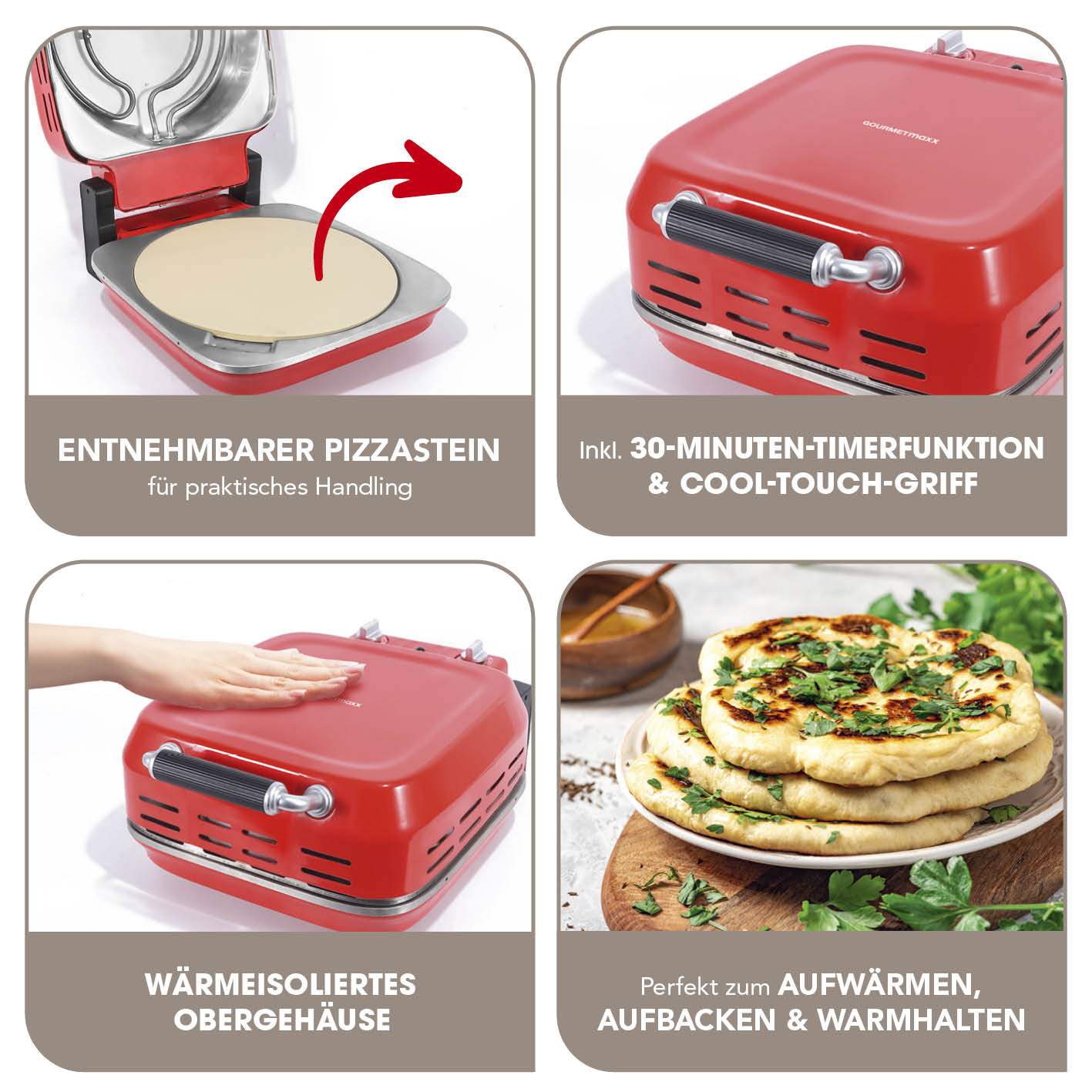 Elektro-Pizzaofen inkl. Pizzastein mit 30-Minuten-Timer, Cool-Touch-Griff, wärmeisoliertem Gehäuse und entnehmbarem Pizzastein.