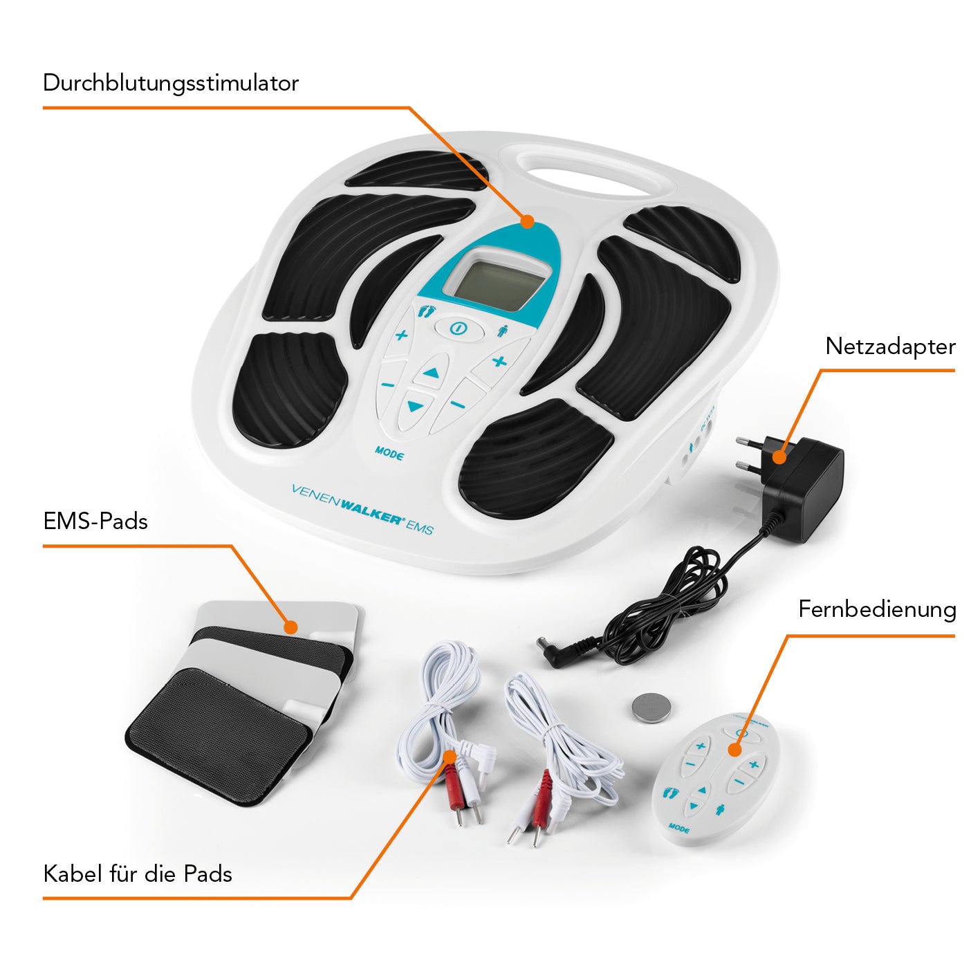 Durchblutungs-Stimulator VenenWalker - 25 Programme mit EMS-Pads, Fernbedienung, Netzadapter und Kabel für verbesserte Venendurchblutung.