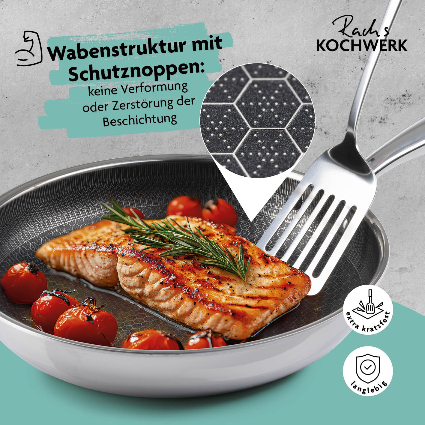 Edelstahl-Pfanne mit Wabenstruktur Ø 24 cm, kratzfest, antihaftbeschichtet, ideal für fettarmes Braten und alle Herdarten.