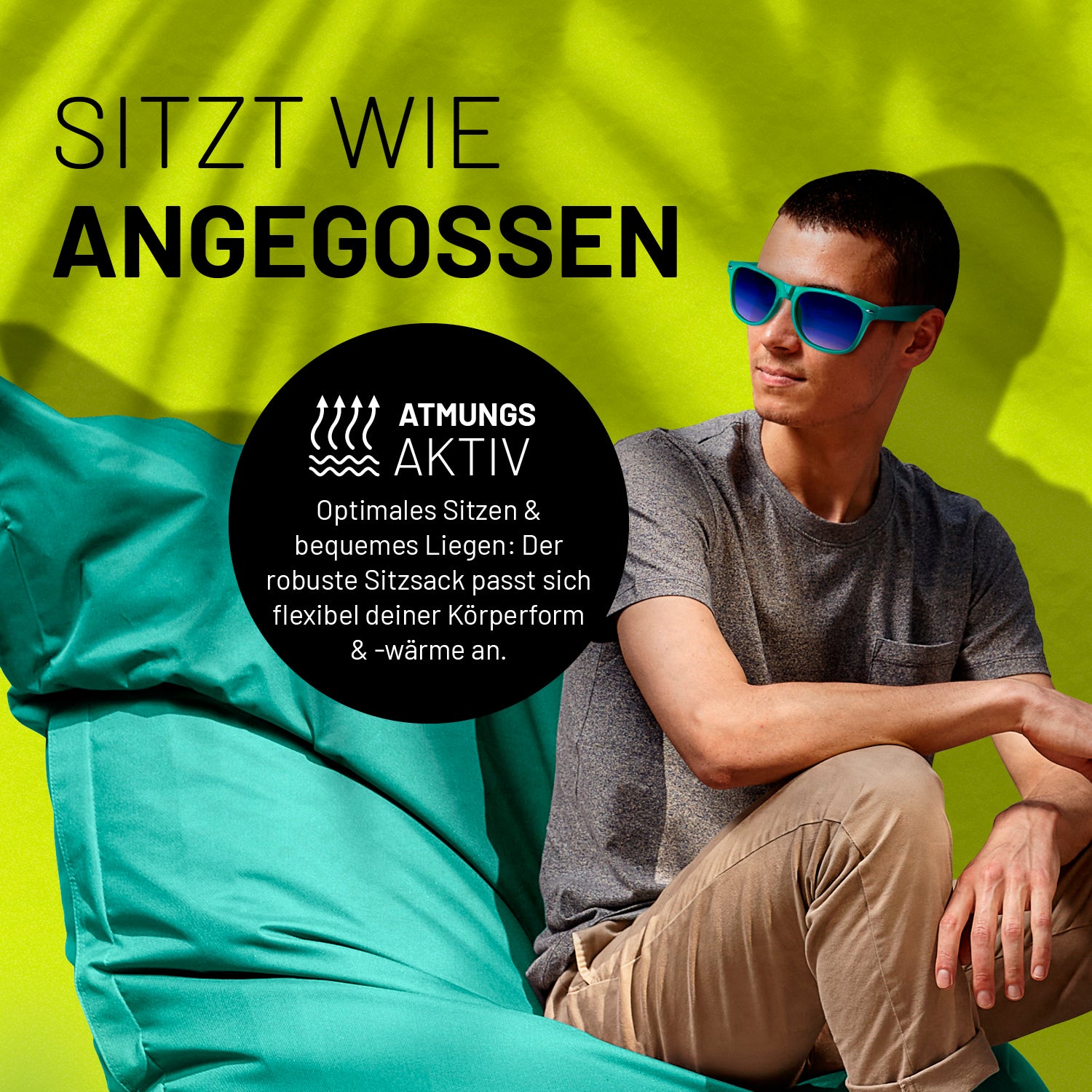 Sitzsack Classic XXL (380 L) Türkis mit atmungsaktivem Material, passt sich Körperform an, ideal für drinnen und draußen.