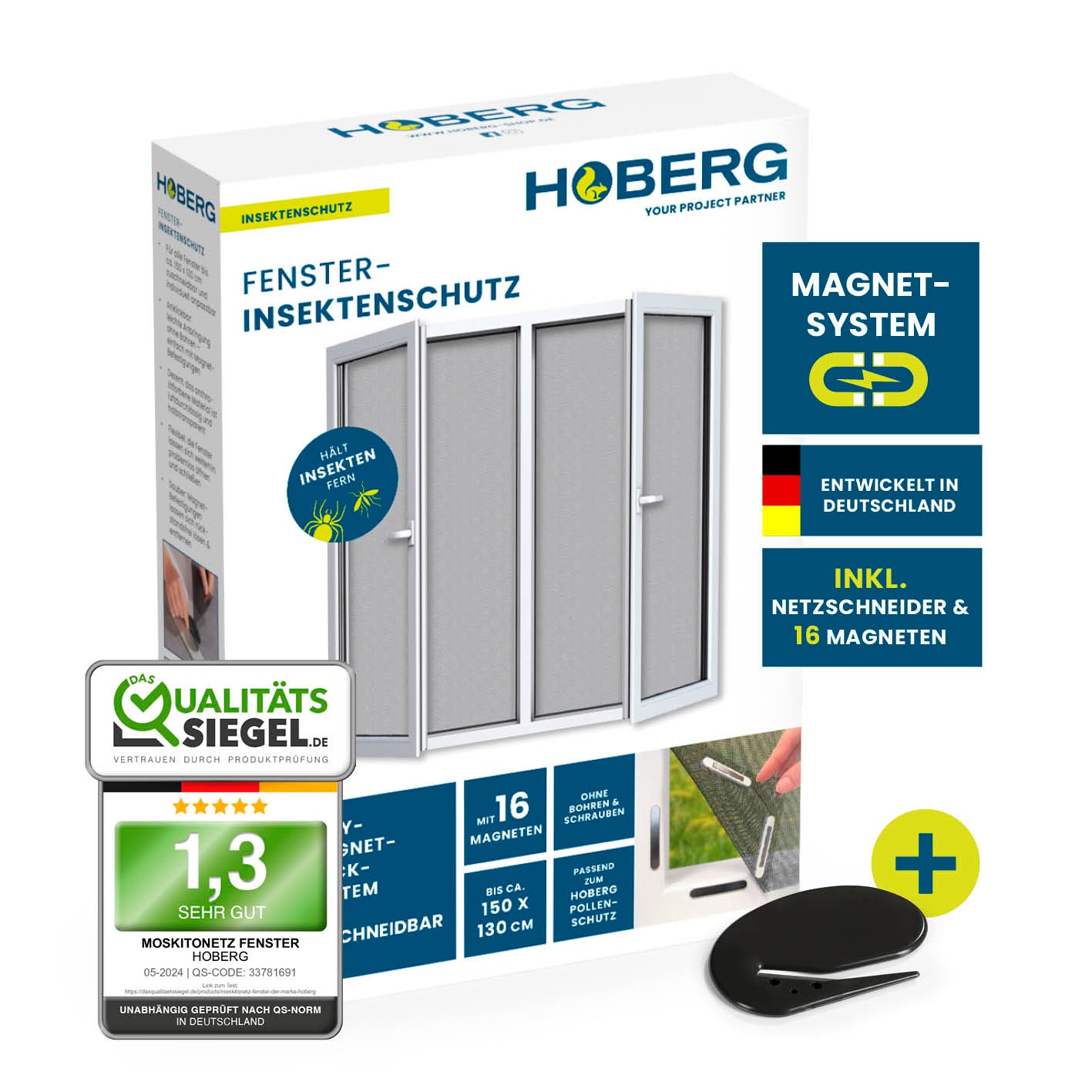 Insektenschutzgitter mit Magnetbefestigung – Fenster – 16 Magnete, einfache Montage ohne Bohren, inklusive Netzschneider und 16 starken Magneten.