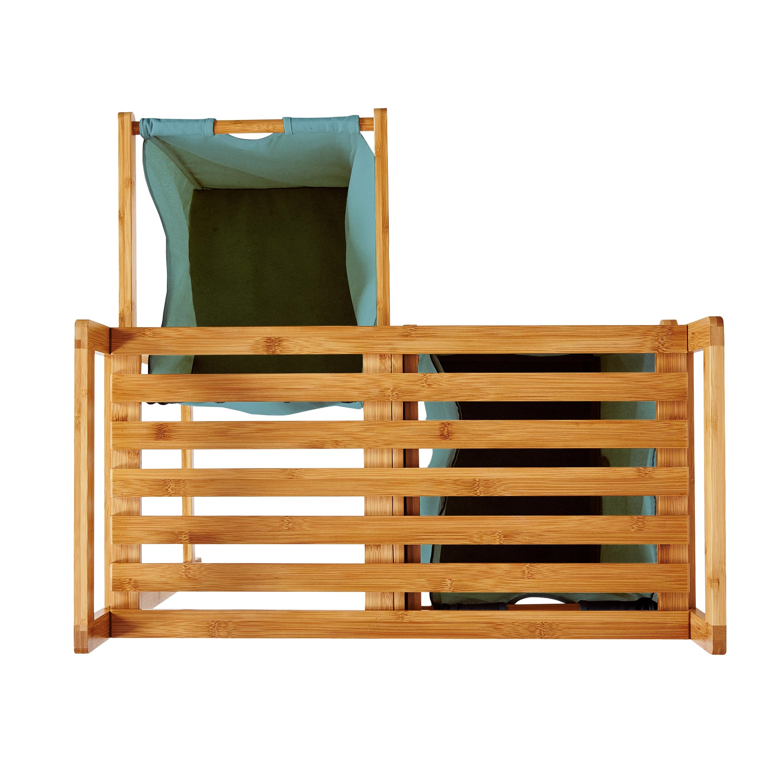 Bambus Wäschekorb mit 2 ausziehbaren Wäschesäcken in Babyblau, 73x64x33 cm, stilvoll und pflegeleicht für das Wäschesortieren.