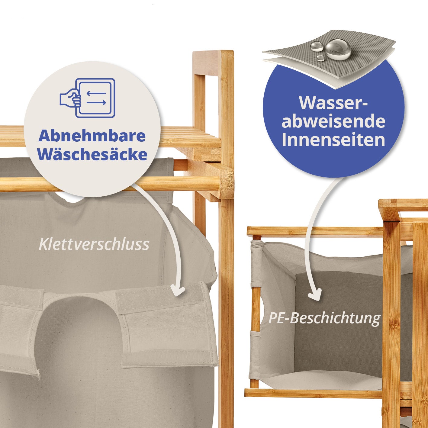 Bambus Wäschekorb mit 2 ausziehbaren Wäschesacken - 73 x 64 x 33 cm - Grau