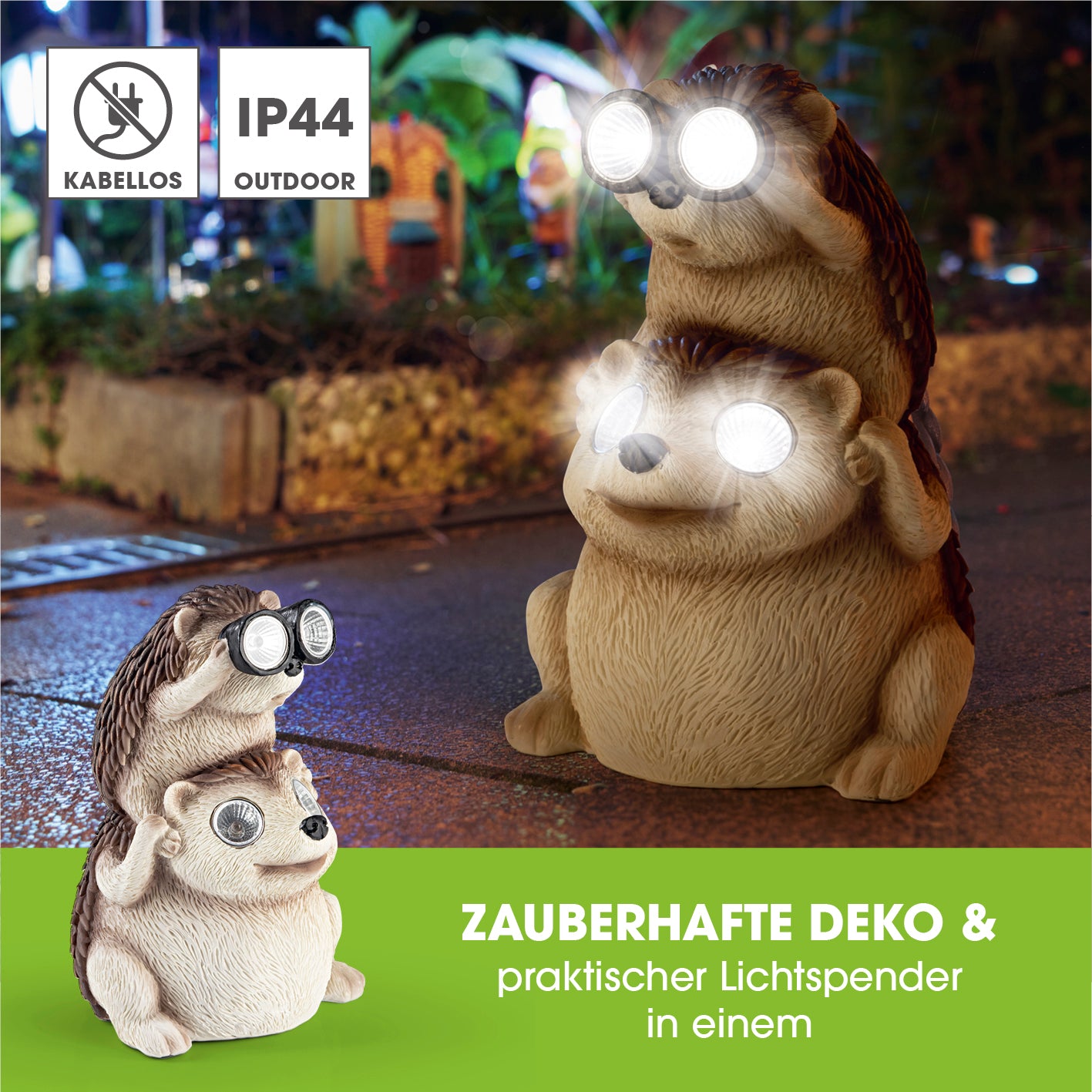 Solarlampe Igel mit Fernglas aus Kunststein, solarbetrieben, mit 4 LEDs für Garten, Terrasse und Balkonbeleuchtung.