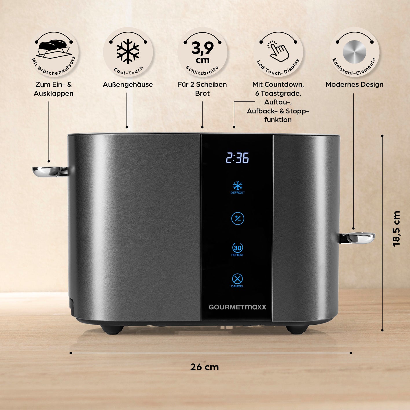 Toaster - Anthrazit mit modernem Design, 2 Toastscheiben, Touchdisplay, Countdown und verstellbaren Bräunungsgraden.