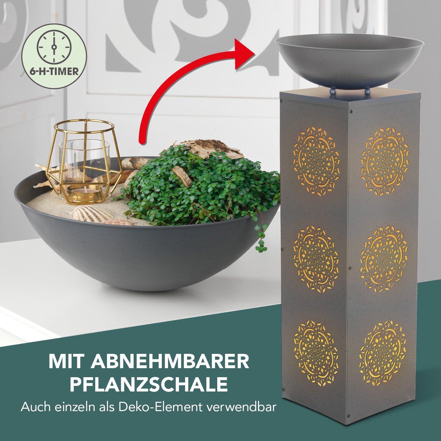 LED-Dekosäule Beton-Optik mit Pflanzschale Mandala 87 cm Grau mit Timer und abnehmbarer Pflanzschale für Garten und Terrasse.