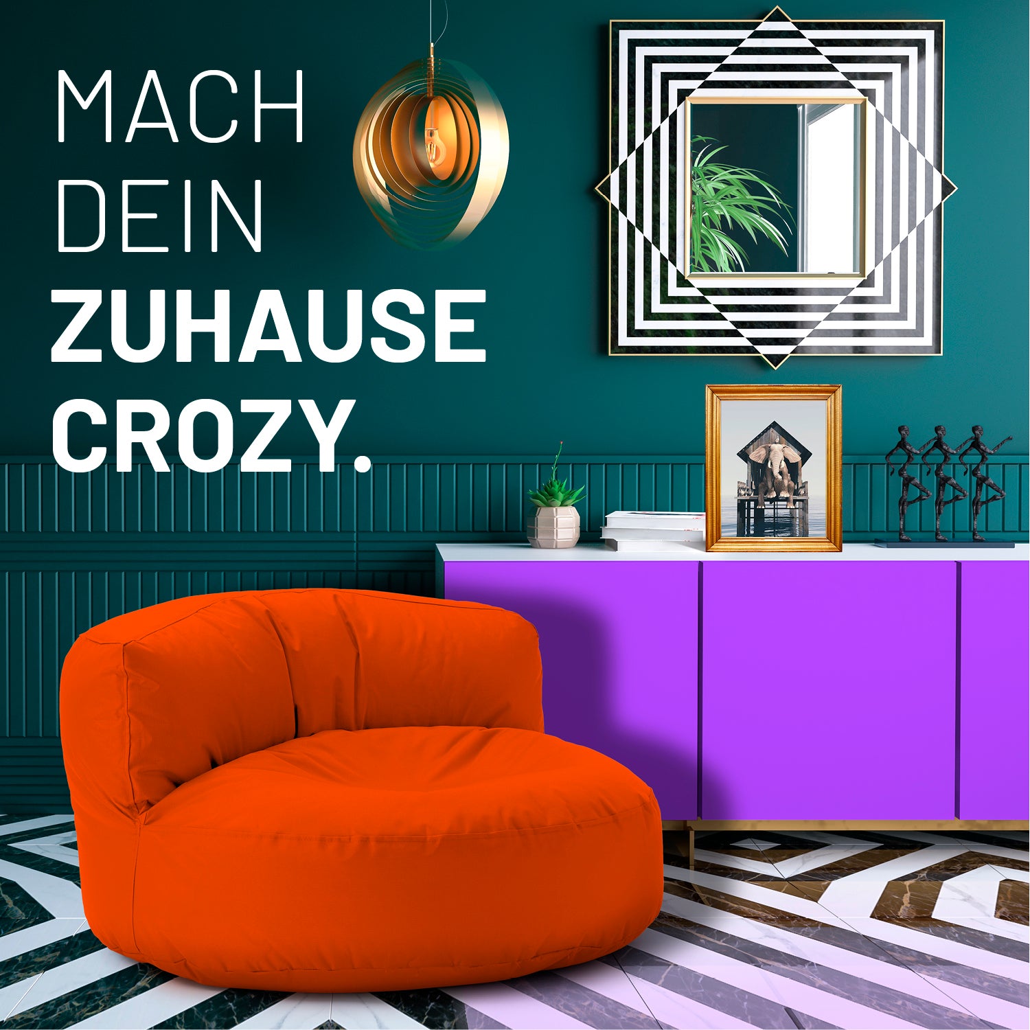 Sitzsack Lounge (320 L) - indoor & outdoor - Orange in modernem Wohnzimmer mit auffälligem lila Sideboard und dekorativer Wandgestaltung.