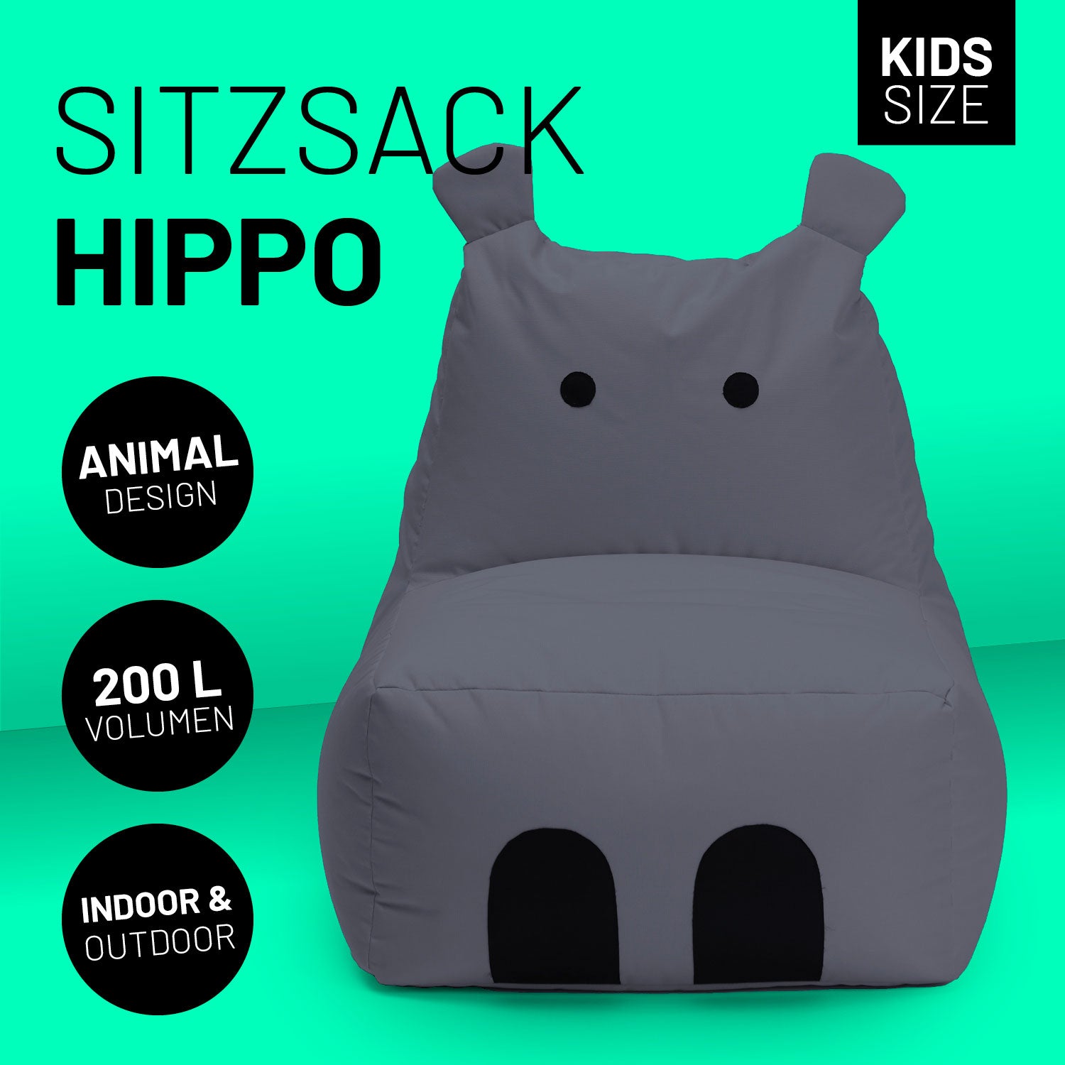Kindersitzsack Animal Line Hippo (200 L) in Stahlgrau, weich, wasserabweisend für indoor & outdoor, kindgerecht und robust.