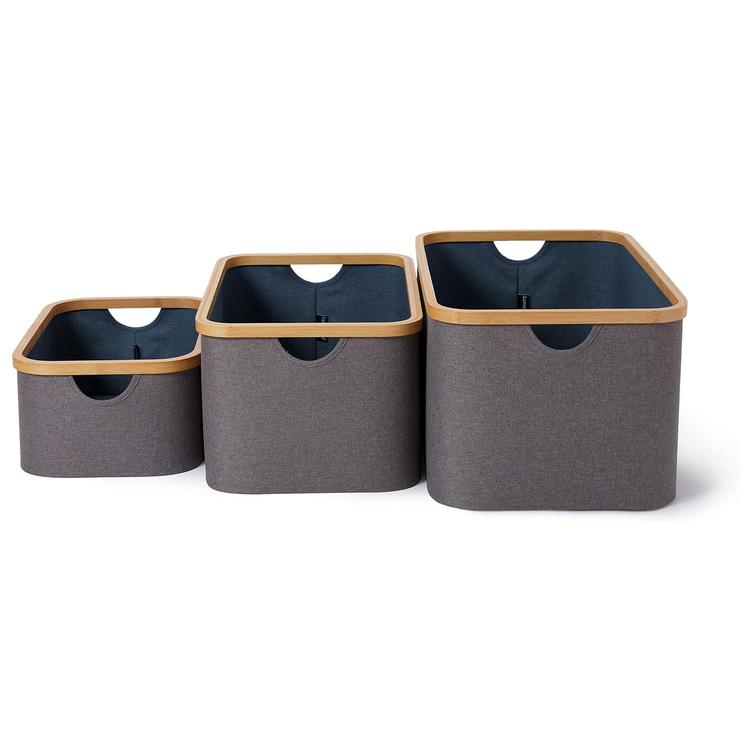 Aufbewahrungsboxen mit Bambus-Rahmen - 3er-Set in Grau-Blau, rechteckig, stapelbar, verschiedene Größen von LUMALAND.