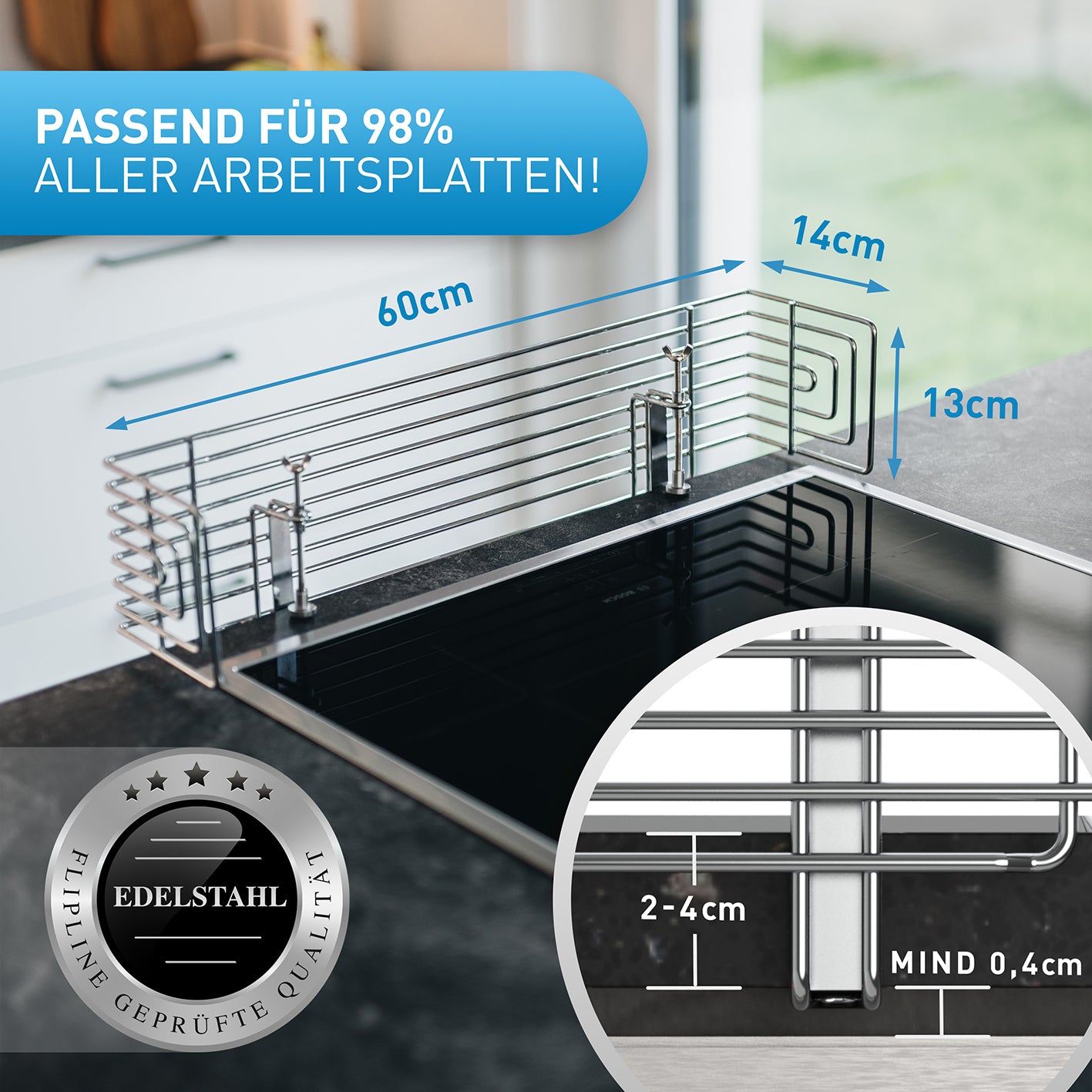 Herdschutzgitter Happy Kid aus Edelstahl, passgenau für Arbeitsplatten 2–4 cm, schützt Kinder vor Herdberührung sicher und stabil.