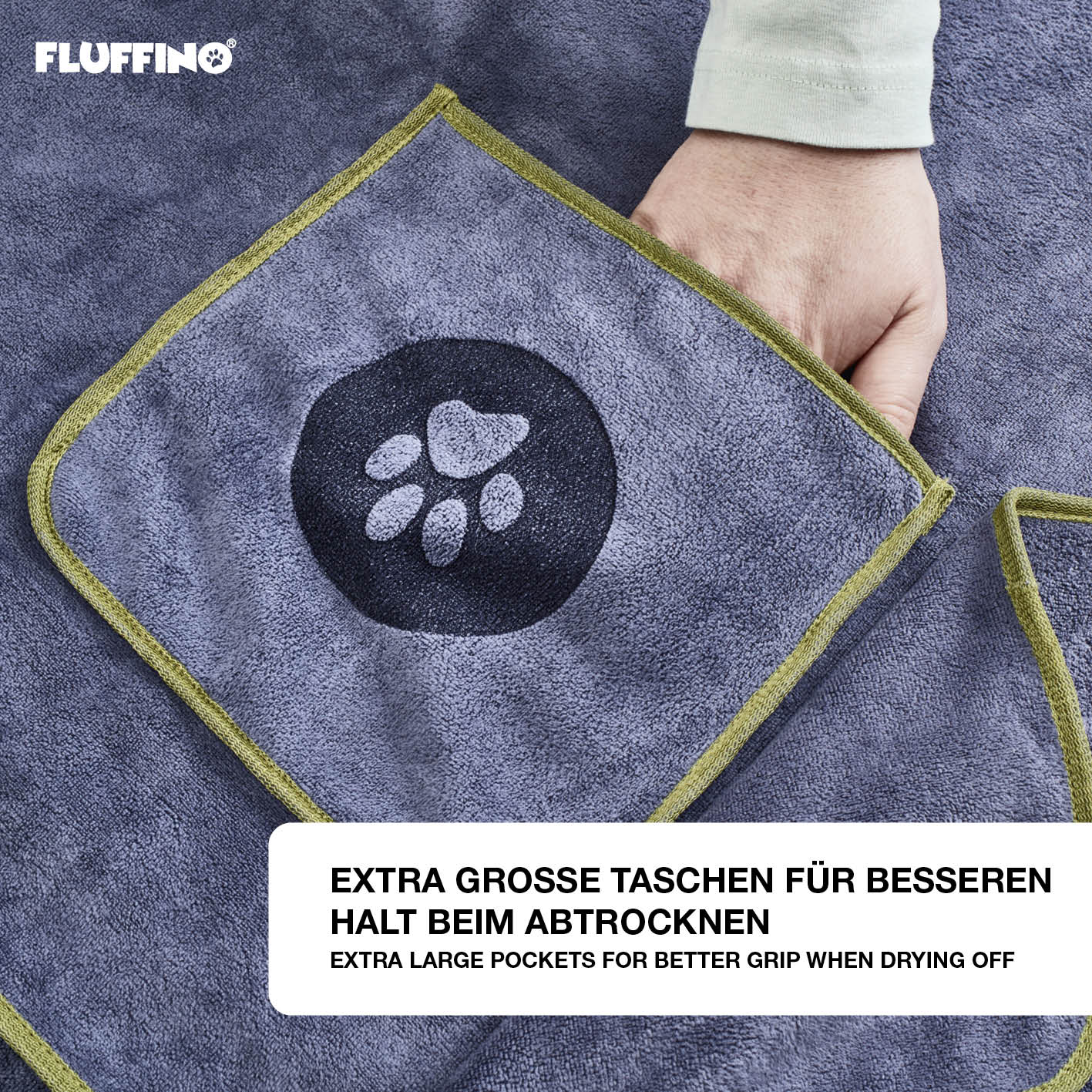 Hundehandtuch Mikrofaser – 4er-Pack - Grau & Grün mit extra großen Taschen für verbessertes Trocknen und rutschfesten Halt beim Abtrocknen.