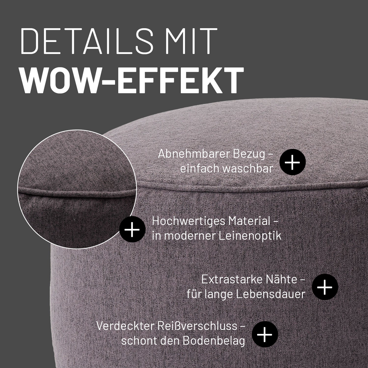 Comfort Line Sitzsack-Hocker/Pouf (50 L) Dunkelgrau mit abnehmbarem Bezug, Leinenoptik und extrastarken Nähten für langlebige Nutzung.
