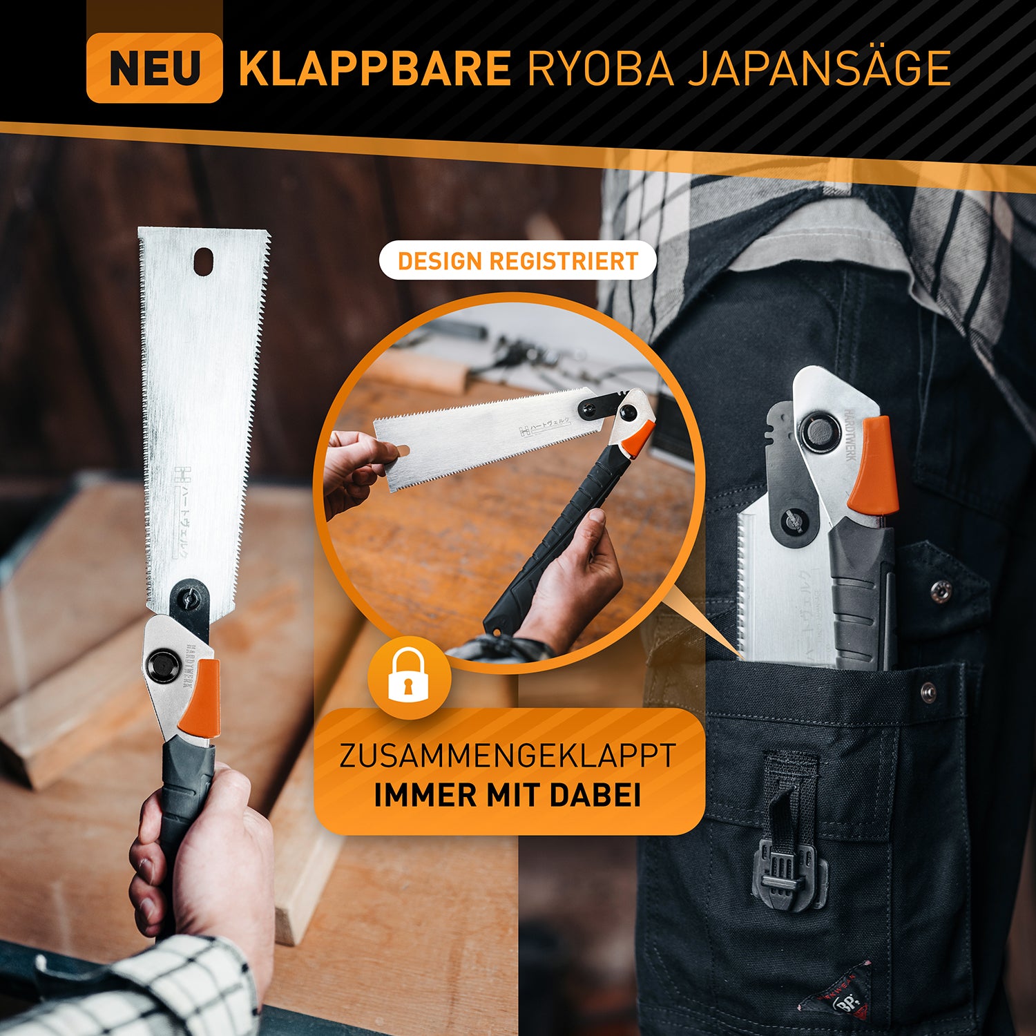 Japansäge aus Karbonstahl - Klappbare Feinsäge mit gummiertem Griff, zusammenklappbar und perfekt für präzise Schnitte.