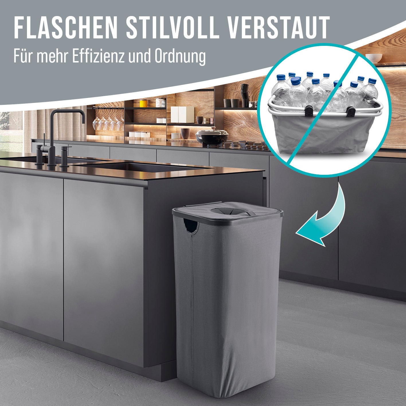 Pfandflaschen-Sammelbehälter - Anthrazit steht in moderner Küche, fasst über 30 Flaschen, wasserabweisend und platzsparend faltbar.
