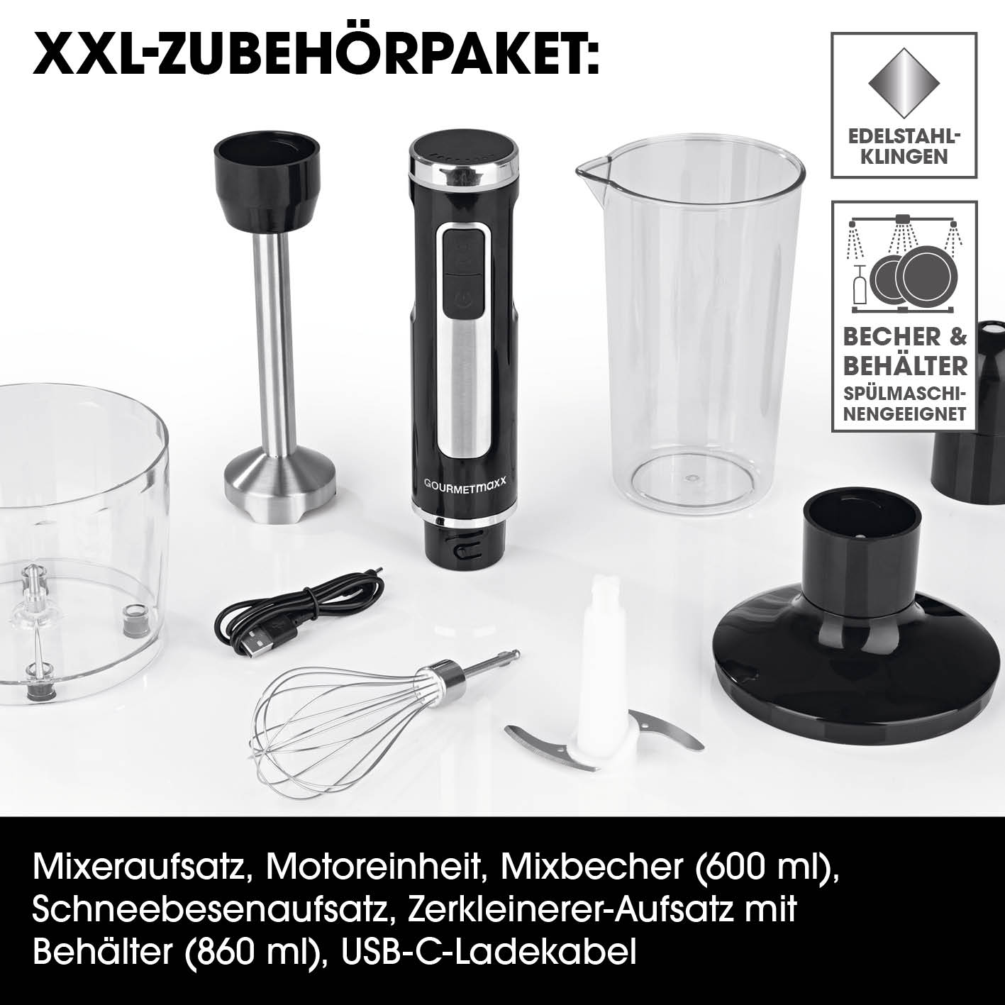 Akku-Stabmixer mit XL-Zubehör-Set mit Mixbecher, Schneebesen, Zerkleinerer, USB-C-Ladekabel und Edelstahlklingen, spülmaschinengeeignet.