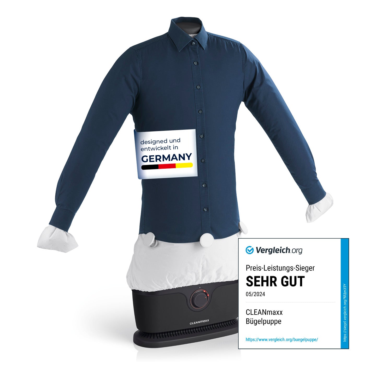 Hemdenbügler PRO - Schwarz mit Hemd, Gewichts-Clips und Timer für schnelles, faltenfreies Trocknen und Bügeln in 10 Minuten.