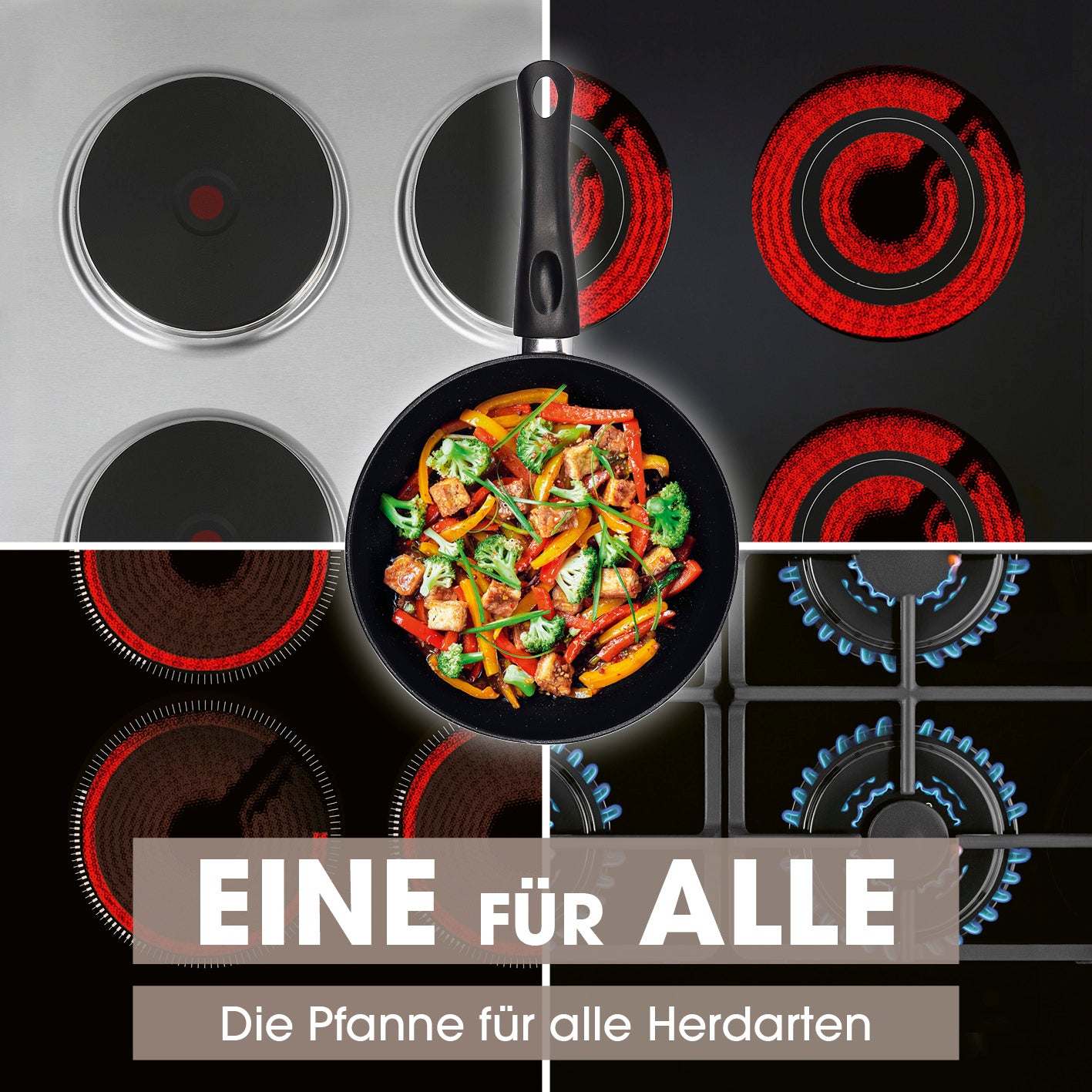 Karbonstahl-Bratpfanne Ø 28 cm auf verschiedenen Herdarten mit Gemüse, doppelt antihaftbeschichtet für fettarmes Braten.