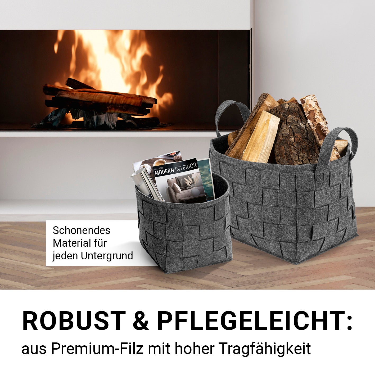 Filz-Aufbewahrungskorb M - 32 x 32 x 32 cm - Dunkelgrau, faltbar, aus robustem Filz, vielseitig für Holz und Magazine vor Kamin.