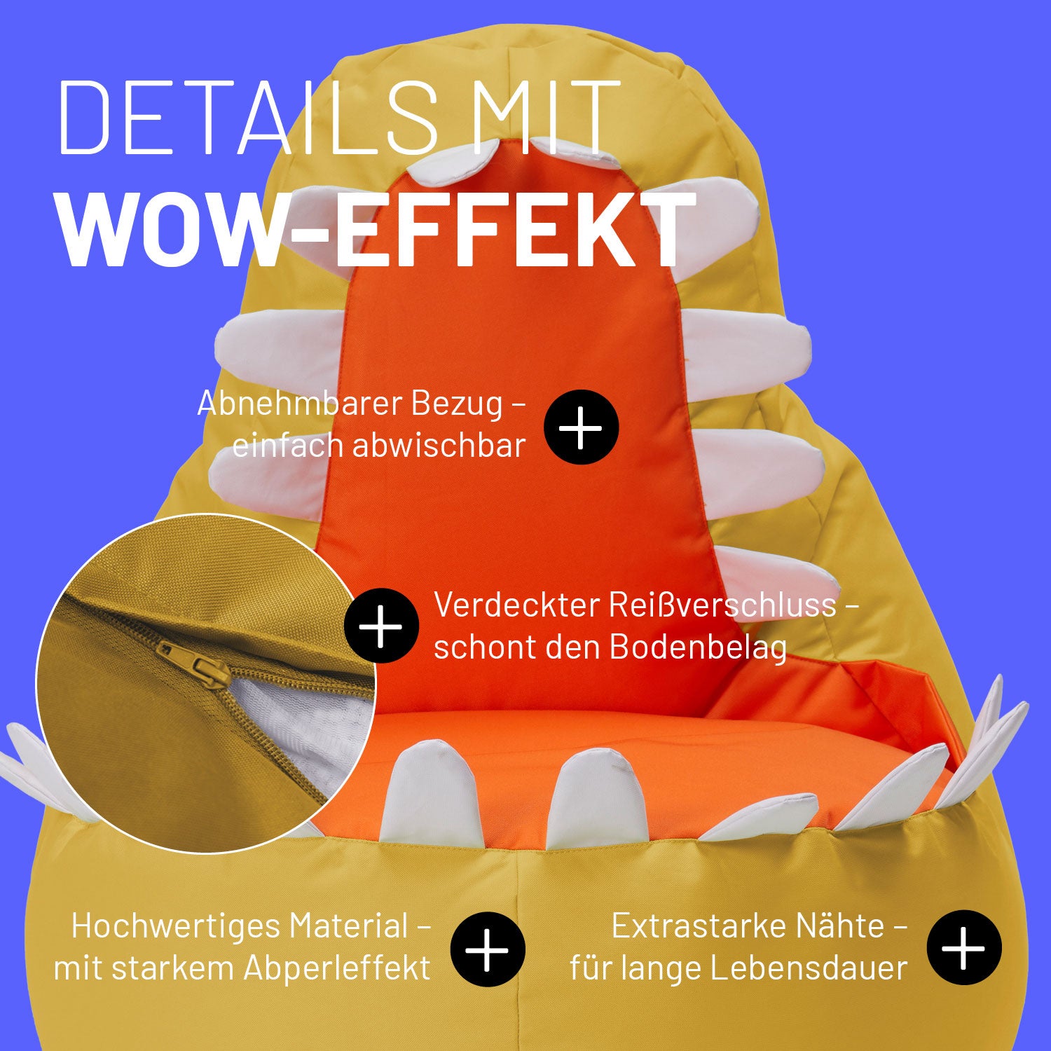 Kindersitzsack-Set "Dino" (4-tlg.) in Senfgelb mit abnehmbarem Bezug, verdecktem Reißverschluss und extrastarken Nähten für drinnen & draußen.
